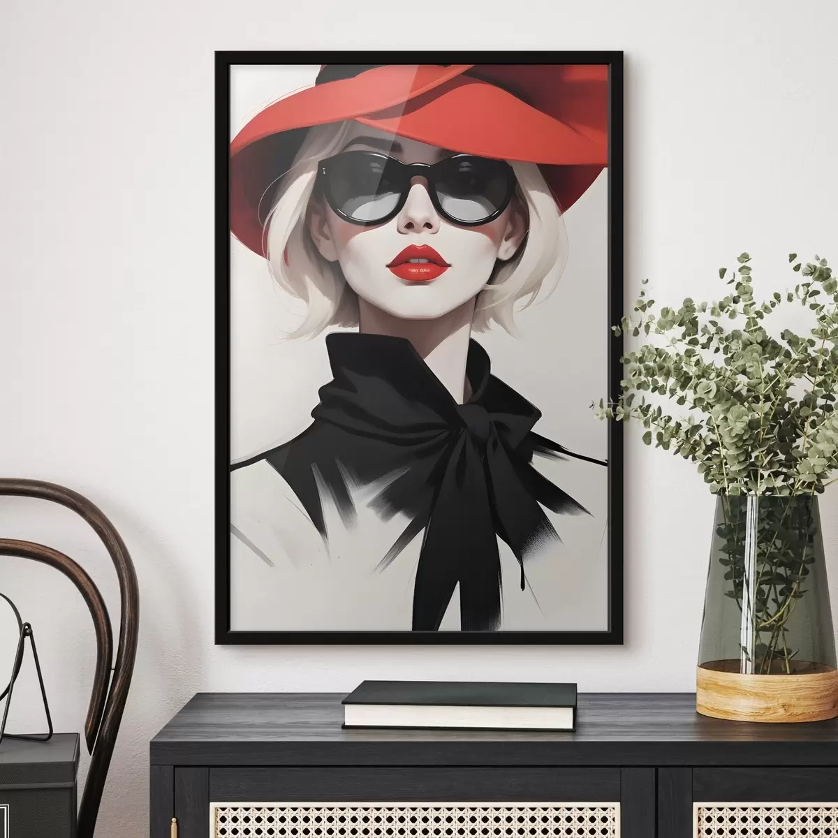 Affiche Une femme portant un chapeau rouge et des lunettes de soleil f38365