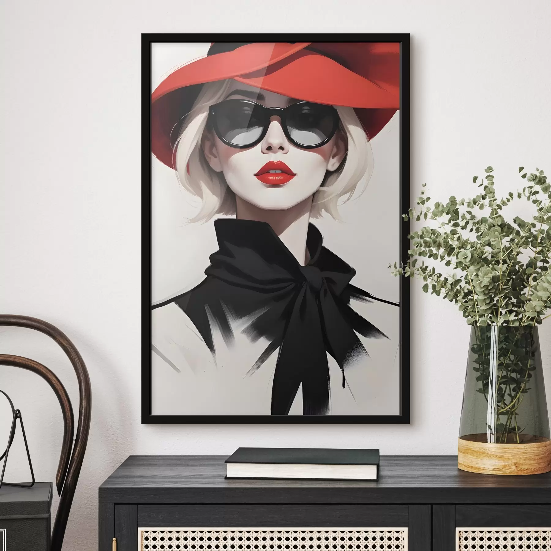  Schilderijen Een vrouw met een rode hoed en zonnebril f38365