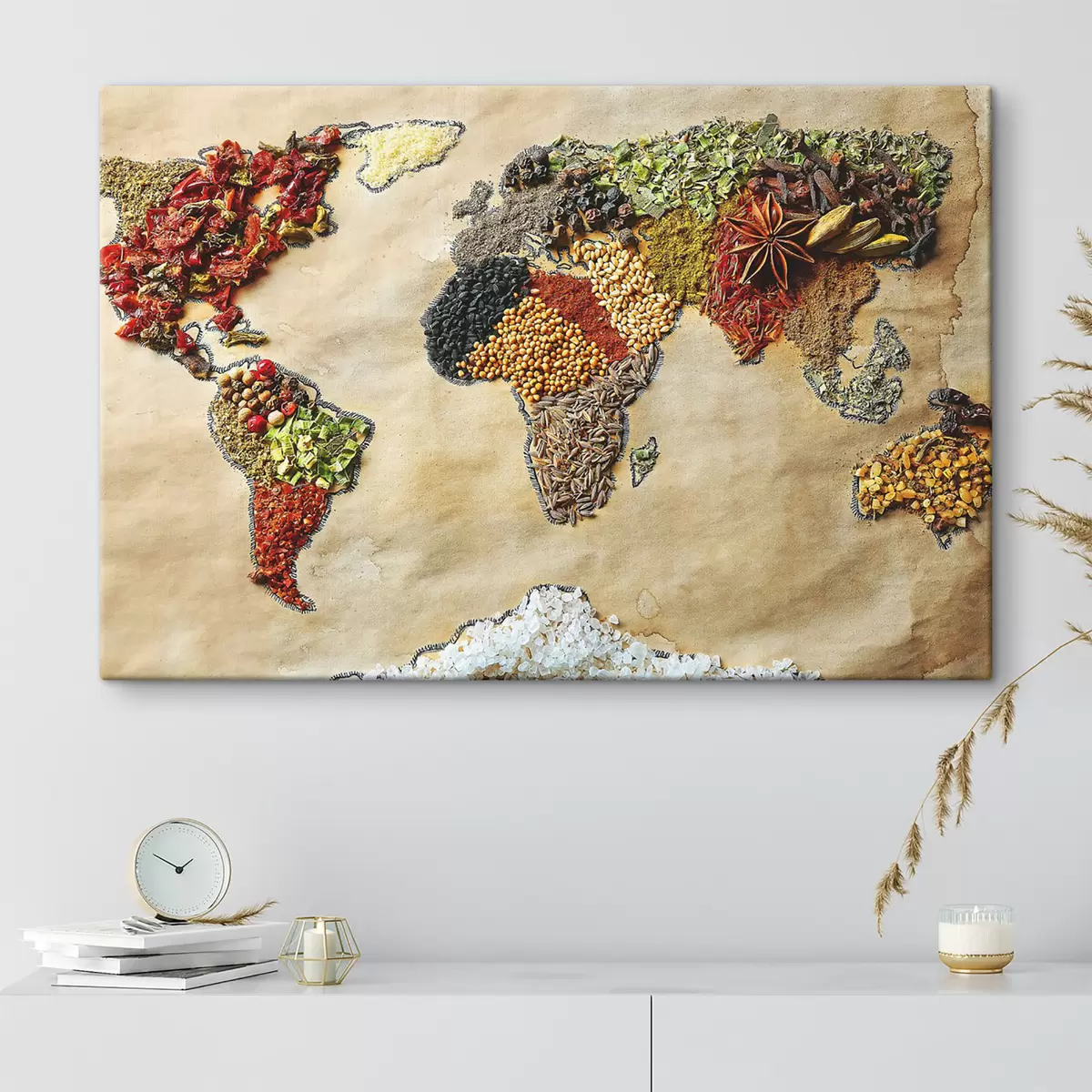 Peintures Une carte du monde composée de différentes épices s37486