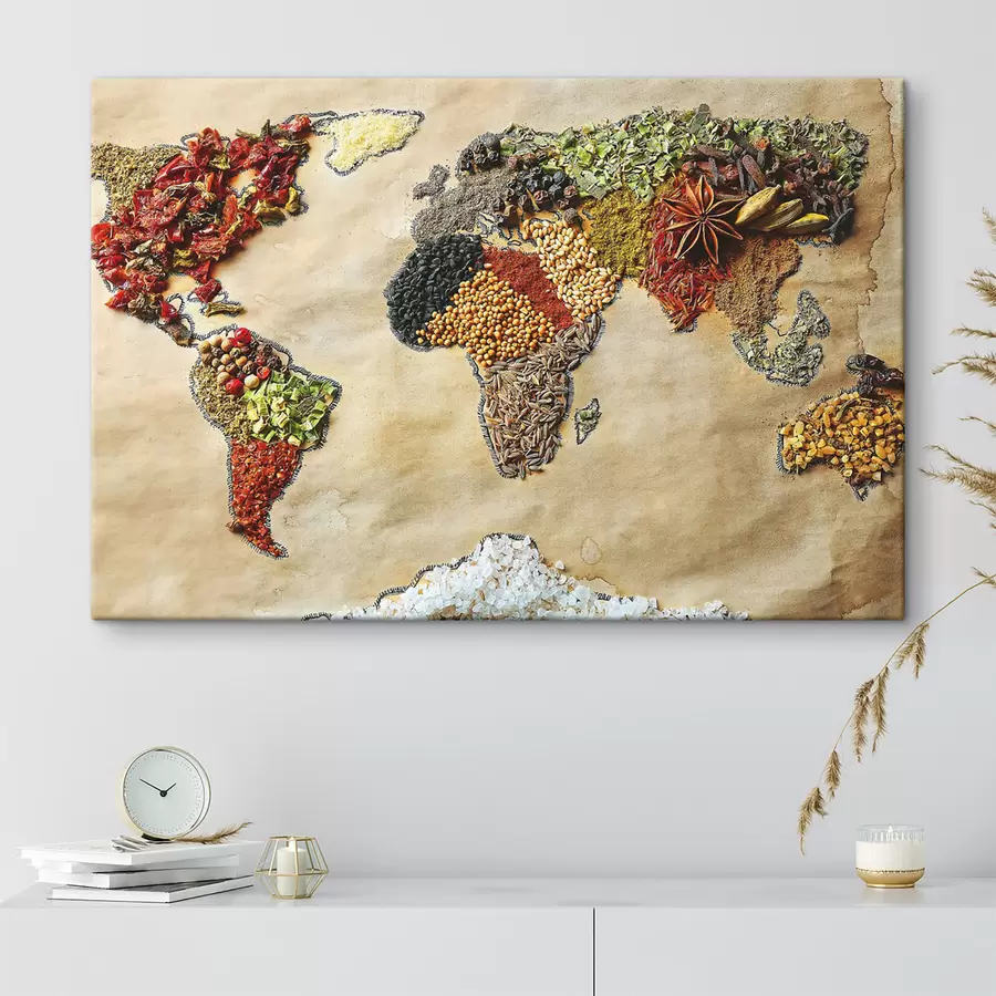  Peintures Une carte du monde composée de différentes épices s37486