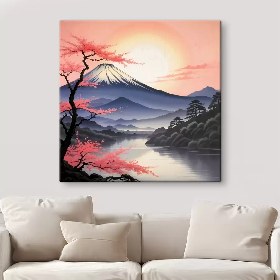  Peintures Une montagne avec un lac et des arbres s38100