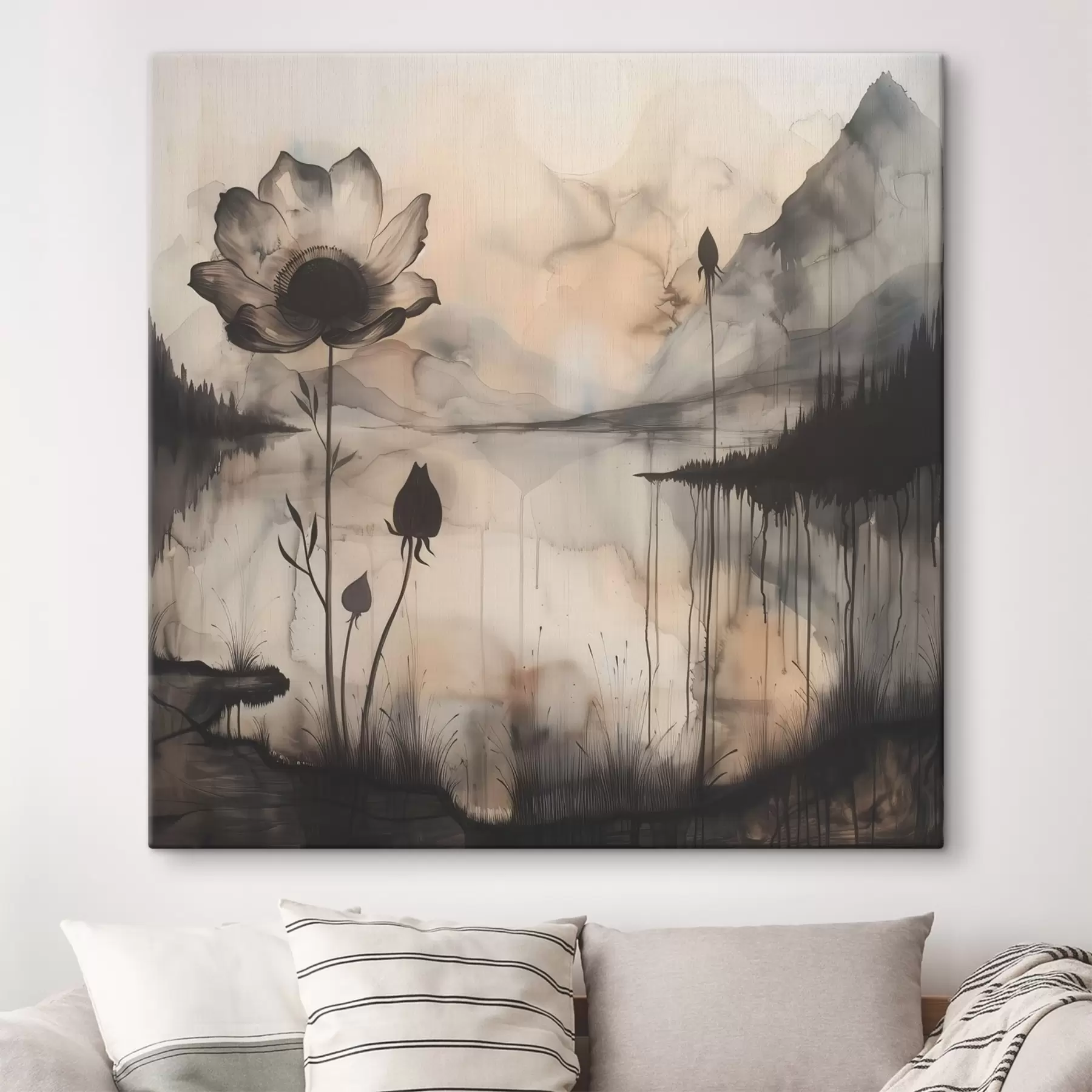  Schilderijen Schilderij van een bloem en een meer s38161