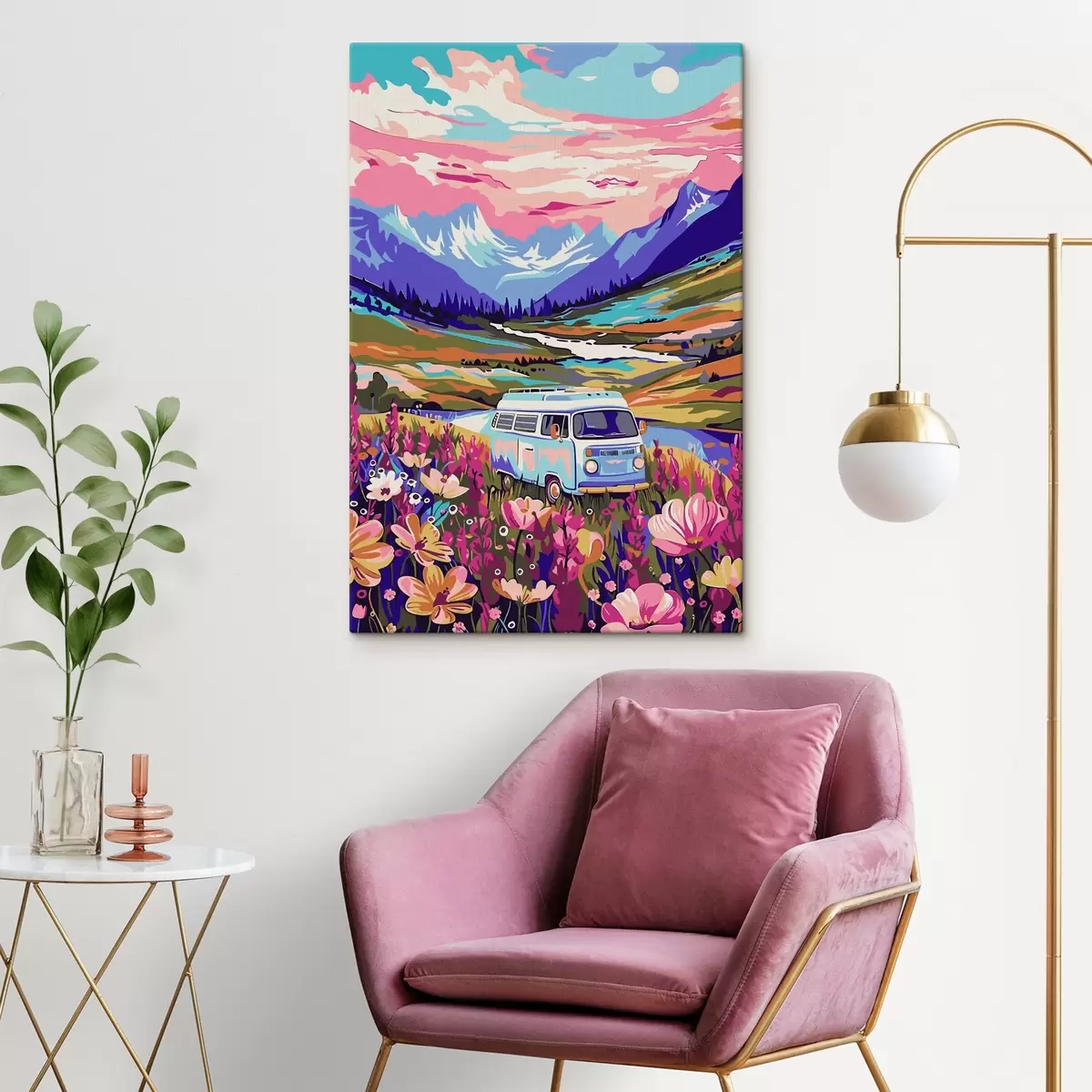  Schilderijen Een busje rijdt door een bloemenveld s38260