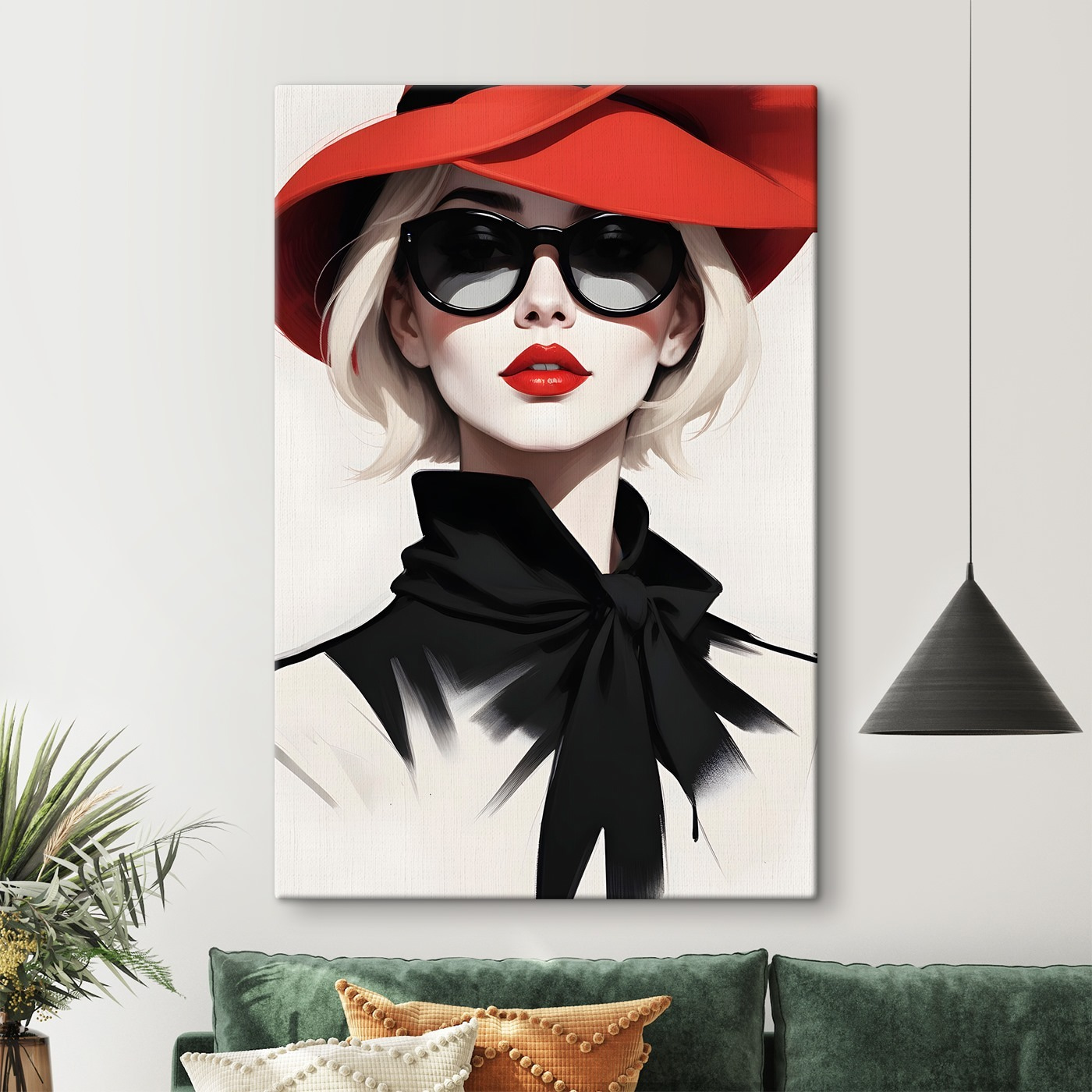 Peintures Une femme portant un chapeau rouge et des lunettes de