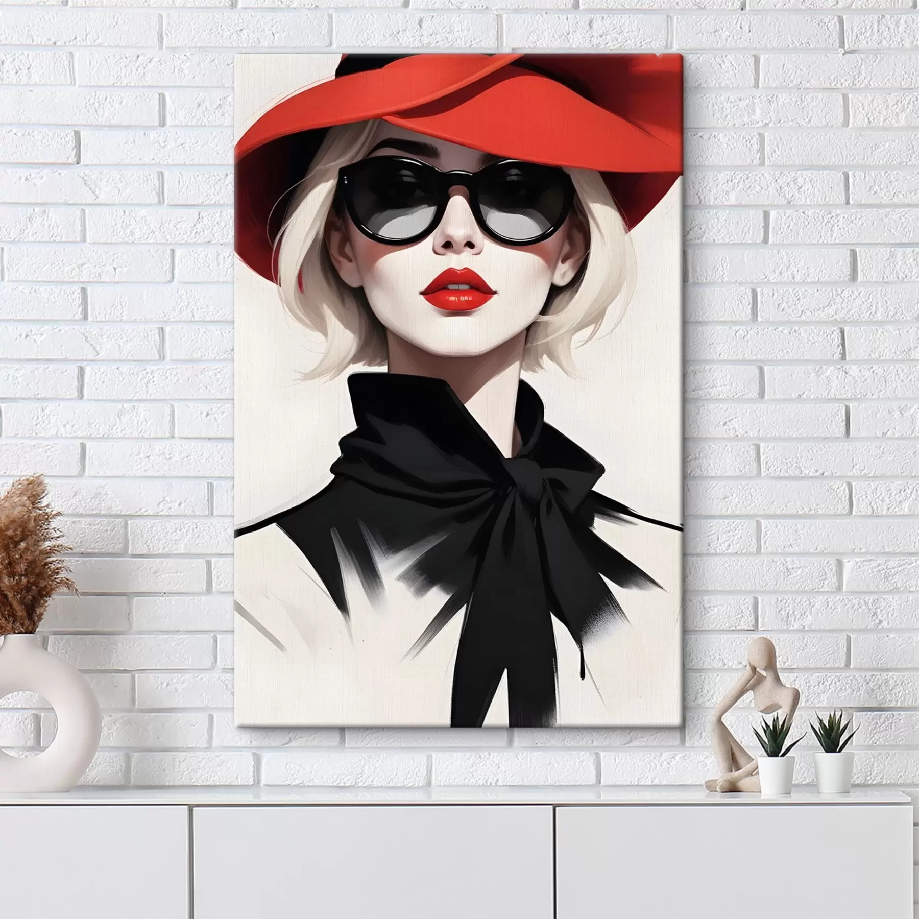 Papier peint photo Une femme portant un chapeau rouge et des lunettes de soleil s38365