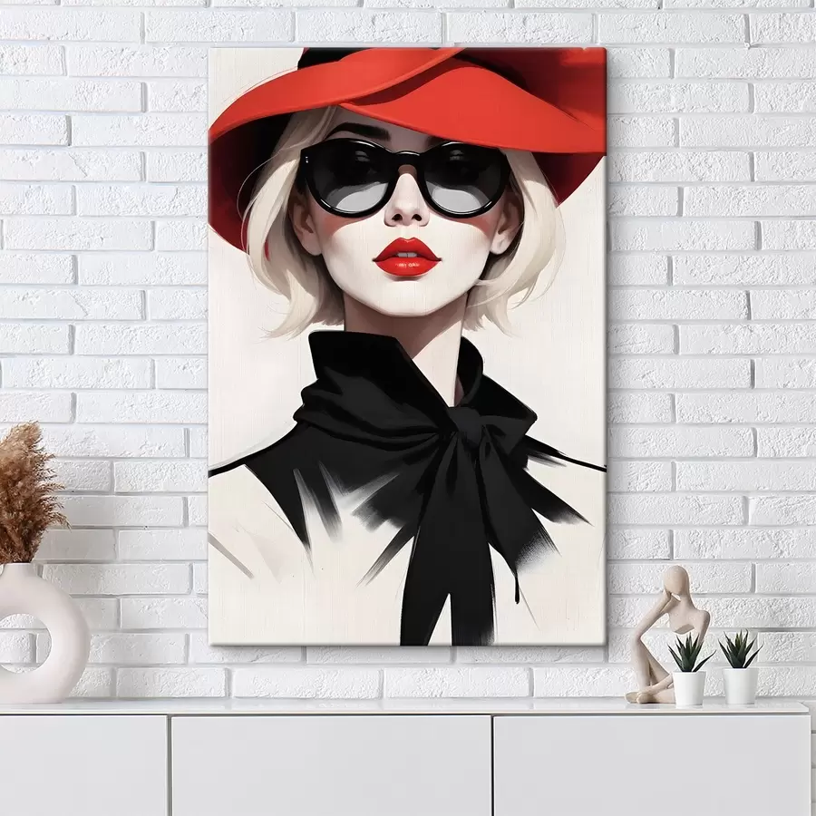  Peintures Une femme portant un chapeau rouge et des lunettes de soleil s38365