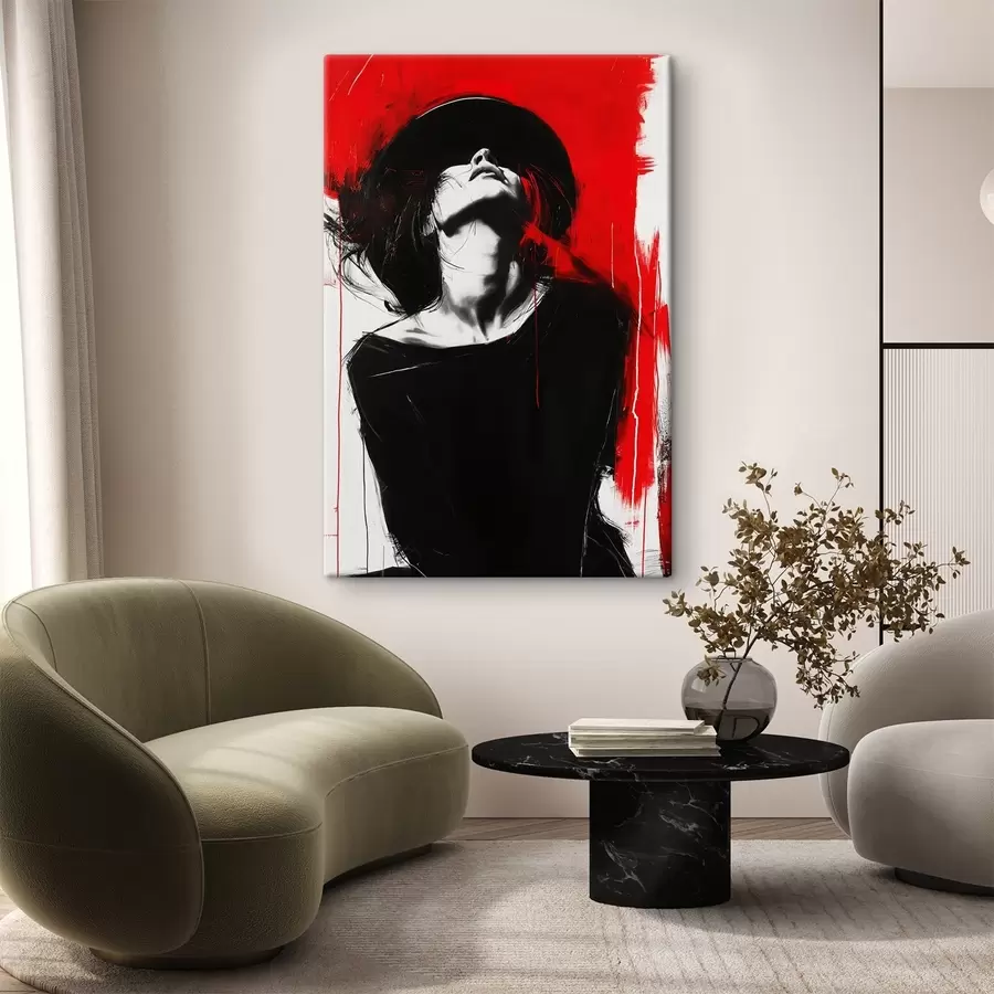  Peintures Une femme avec un chapeau noir sur fond rouge s38561