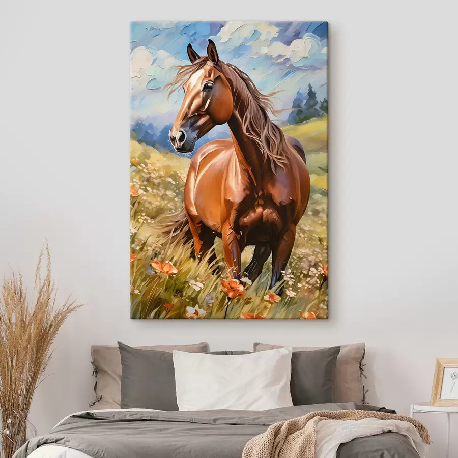  Schilderijen Een paard in een bloemenveld s38728