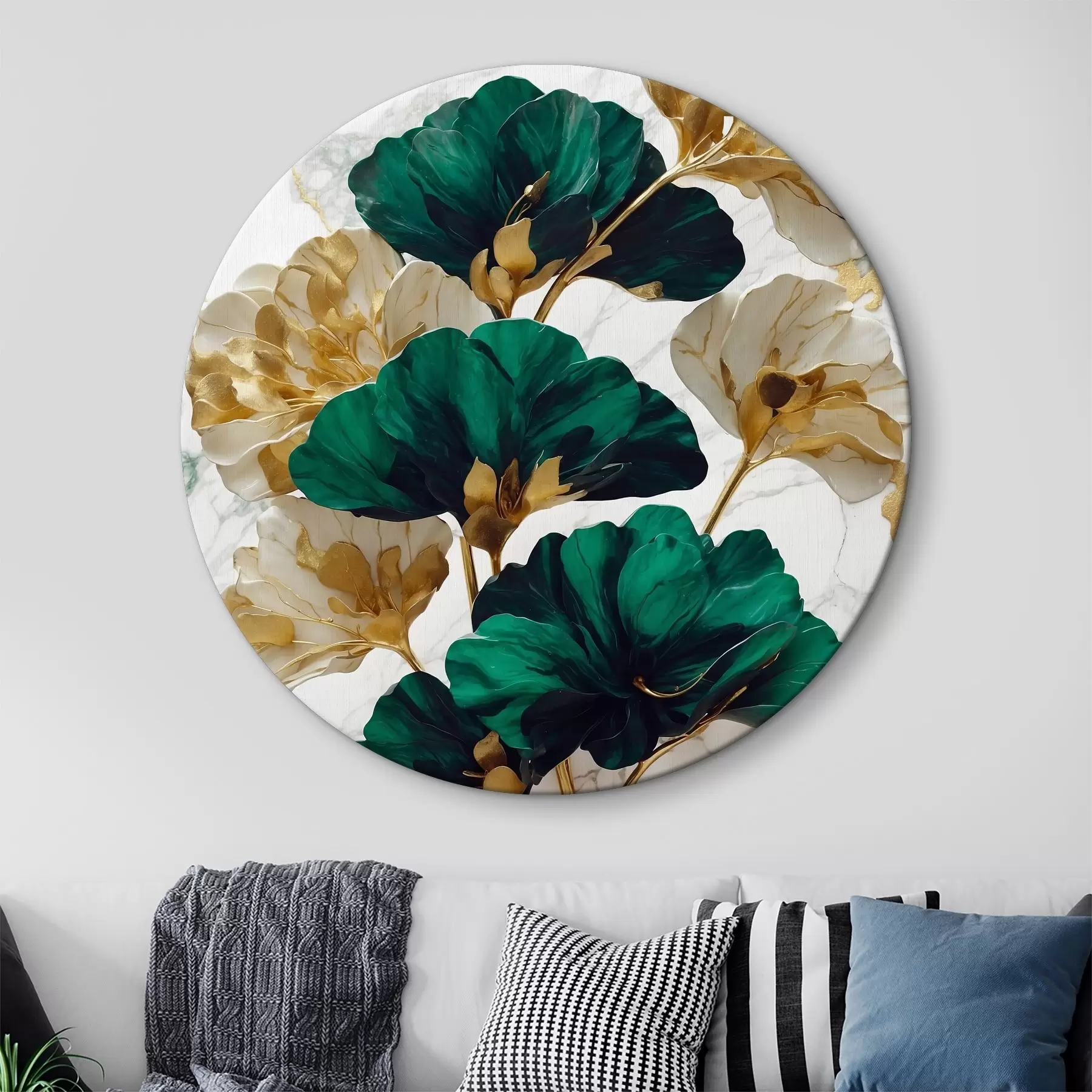  Schilderijen Groene en witte bloemen op witte marmeren achtergrond r36646