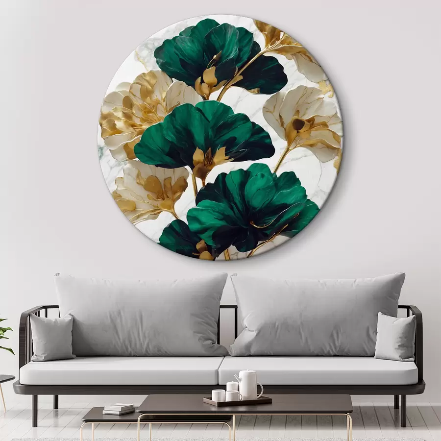 Papier peint photo Fleurs vertes et blanches sur fond de marbre blanc r36646