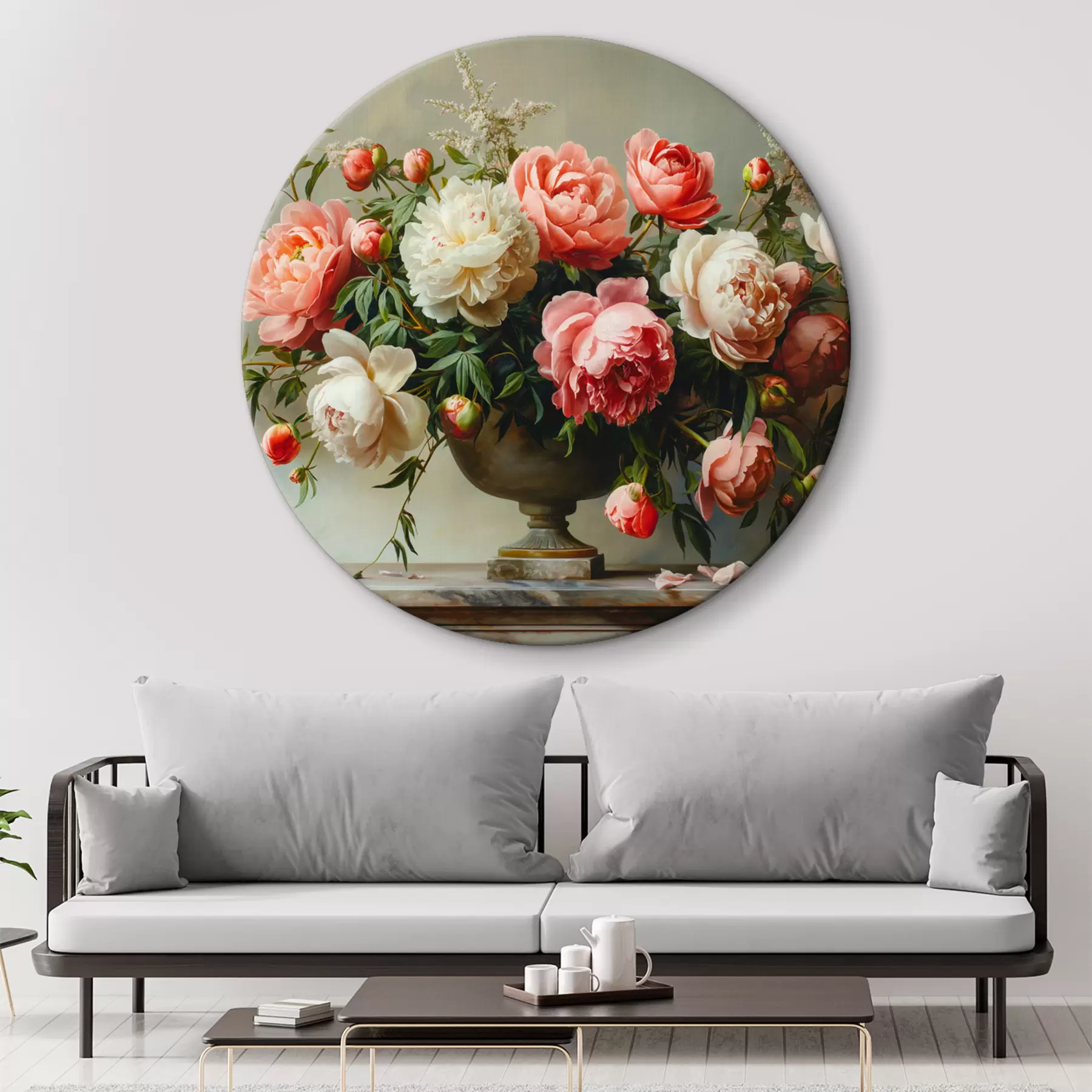  Schilderijen Weelderig boeket pioenrozen en een zwarte vaas r38460