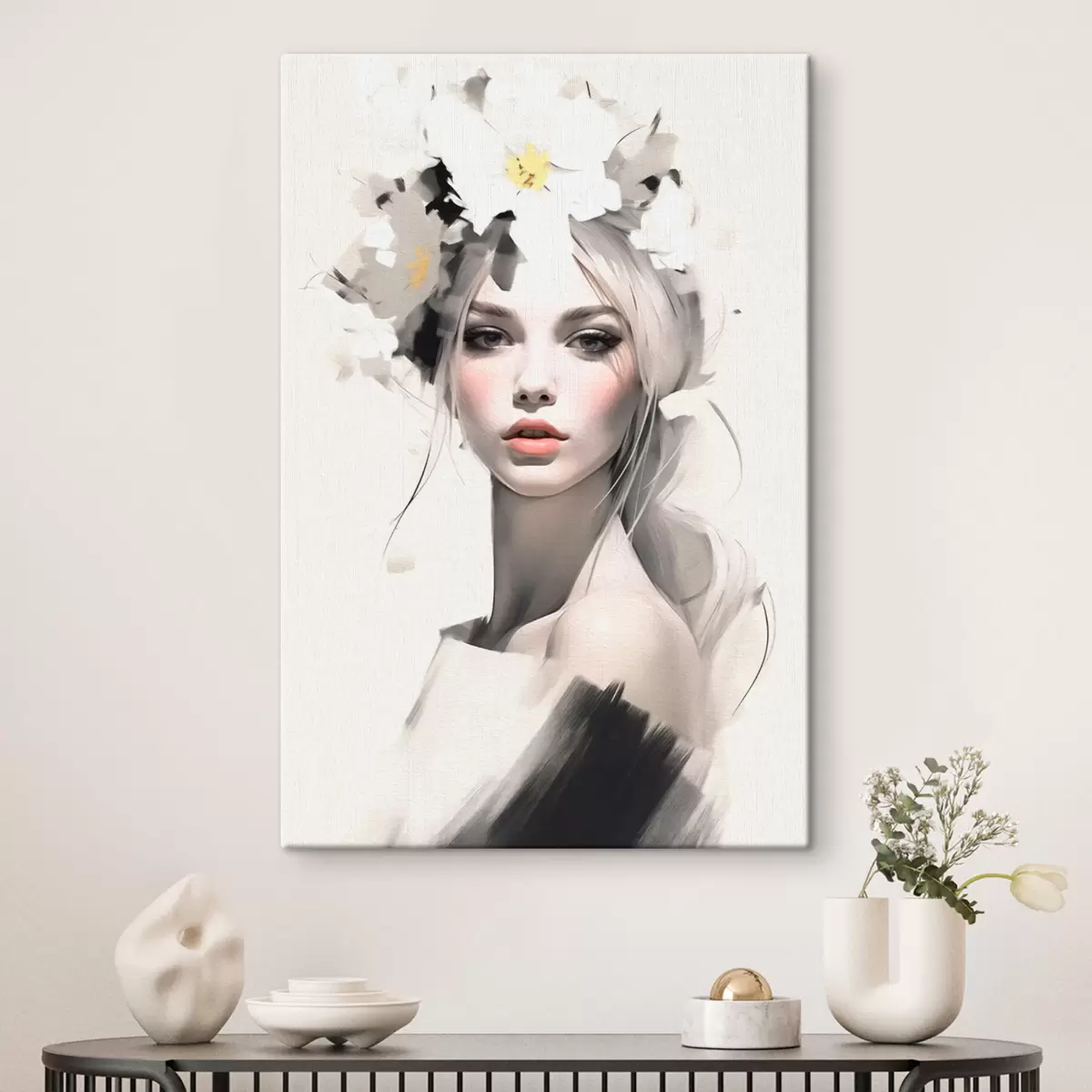  Peintures Jeune fille modèle avec des fleurs dans les cheveux s41321