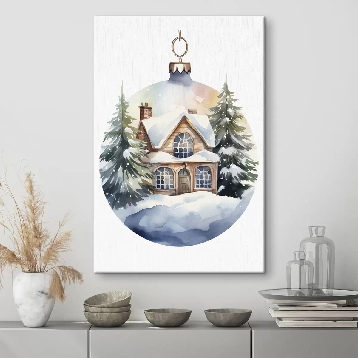  Peintures Boule décorative de Noël avec maison aquarelle dans la neige, sapins s41363
