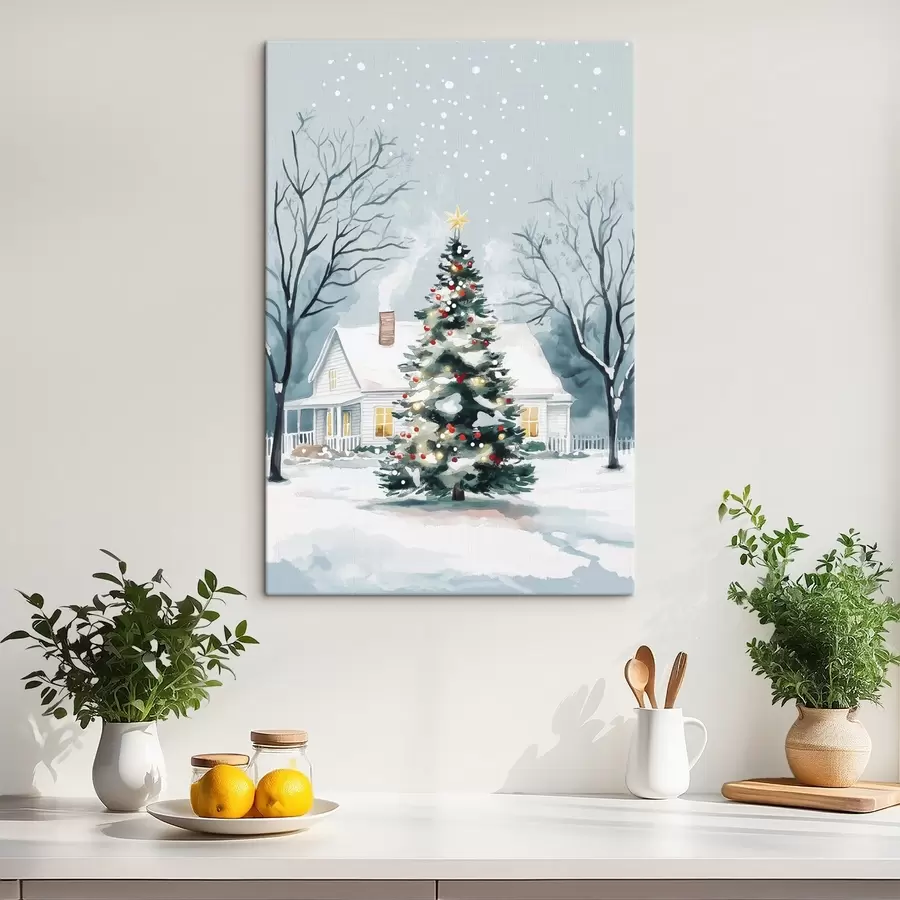  Peintures Ville d'hiver, sapin décoré, Noël, aquarelle s41364