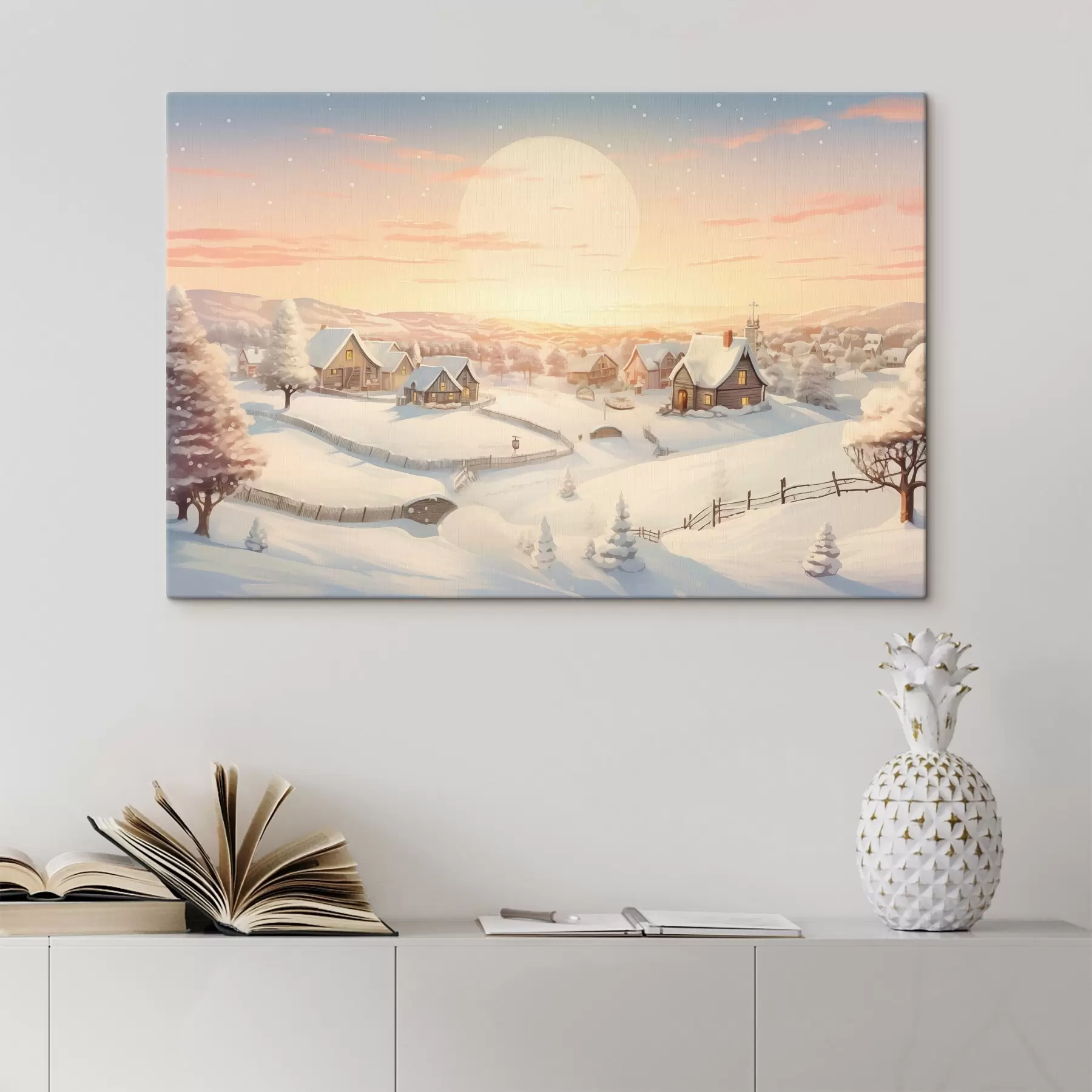 Papier peint photo Village d'hiver au coucher du soleil, maisons couvertes de neige, pins s41380