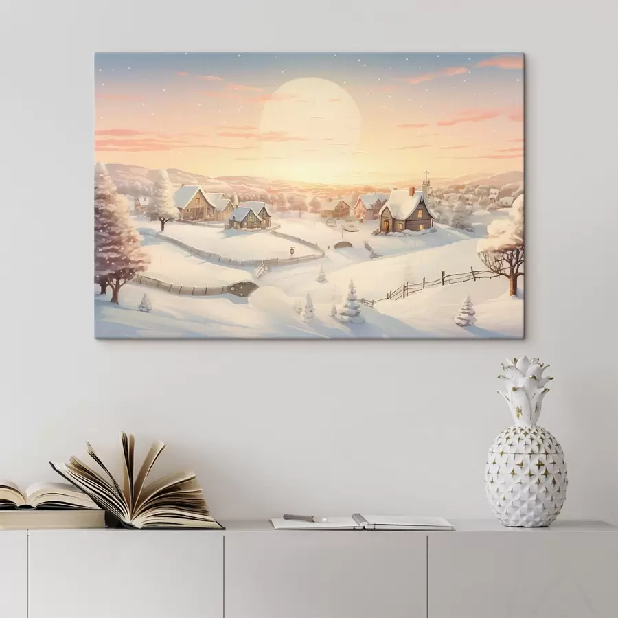  Schilderijen Winterdorp in de zonsondergang, huizen bedekt met sneeuw, dennenbomen s41380