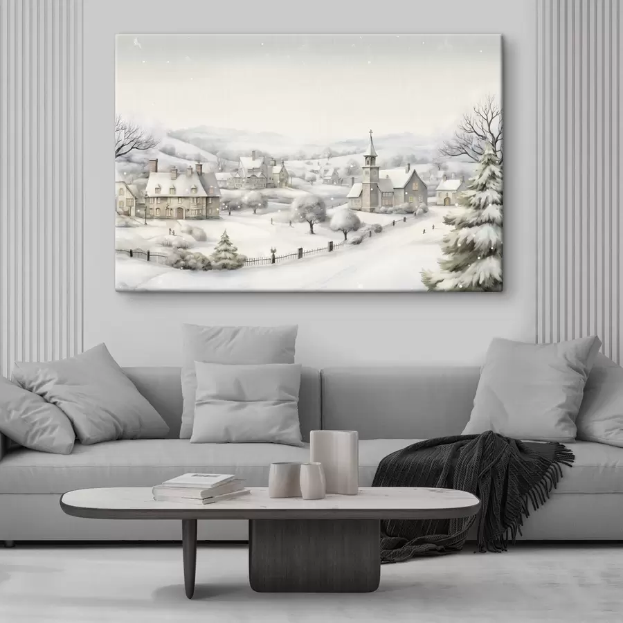 Fotobehang Mooi winterdorp, bomen, huizen, aquarel, bergen s41382
