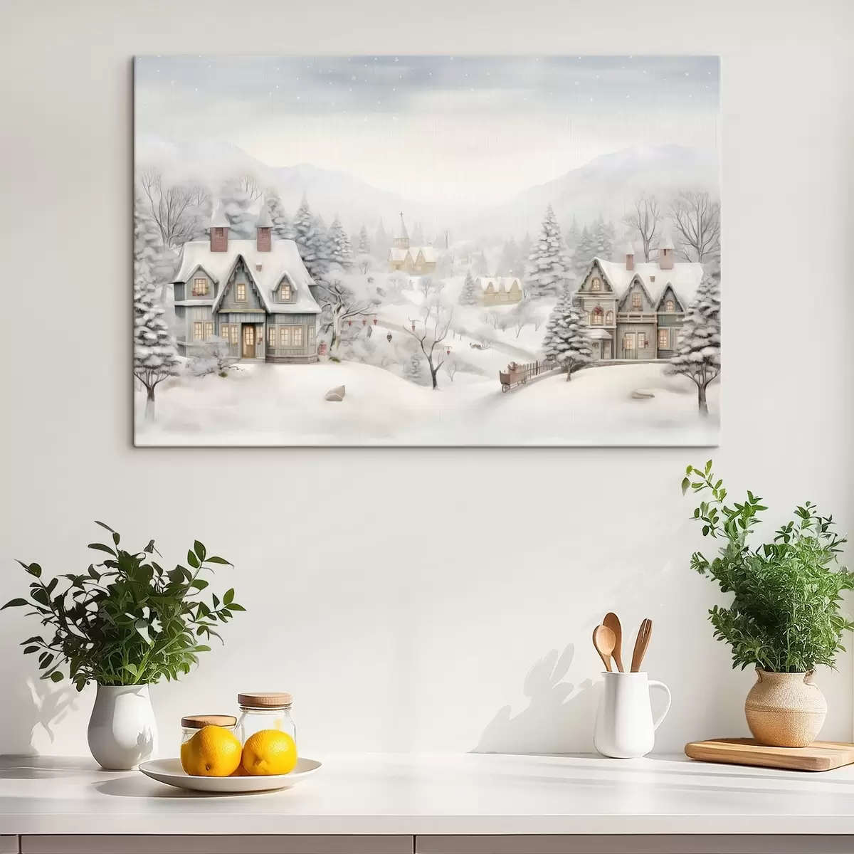  Peintures Magnifique paysage hivernal avec village, pins, maisons, montagnes s41384