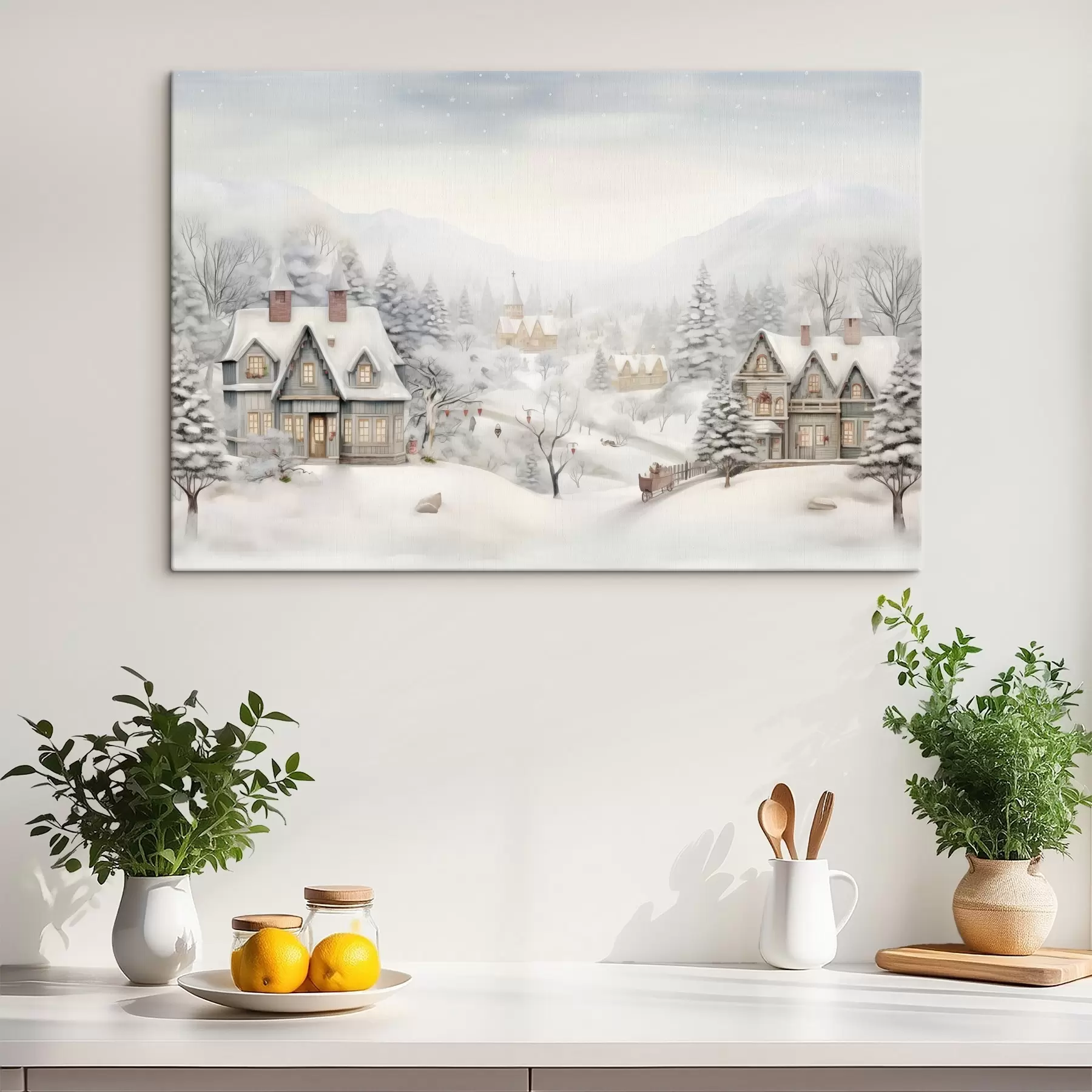 Fotobehang Prachtig winterlandschap met dorp, pijnbomen, huizen, bergen s41384