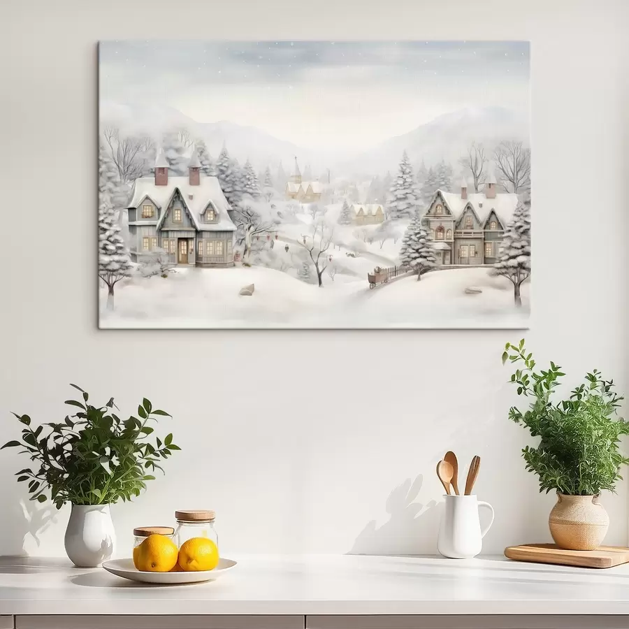 Fotobehang Prachtig winterlandschap met dorp, pijnbomen, huizen, bergen s41384