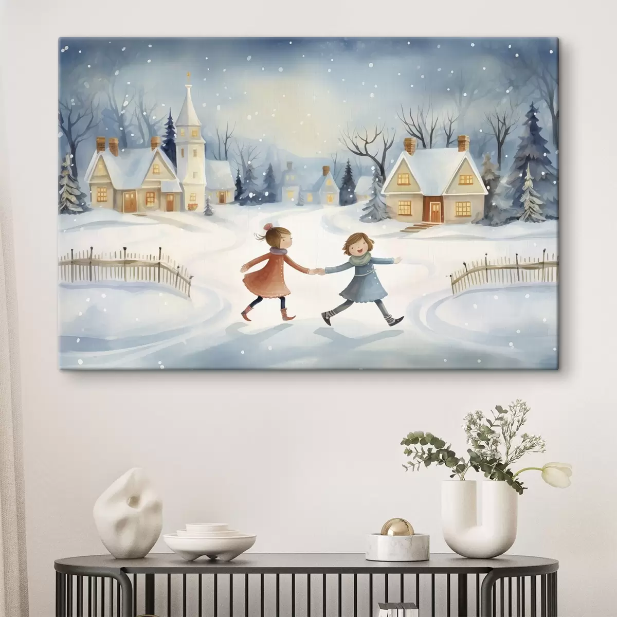  Peintures Filles dans le village d'hiver, flocons de neige, aquarelle, maisons, forêt s41385