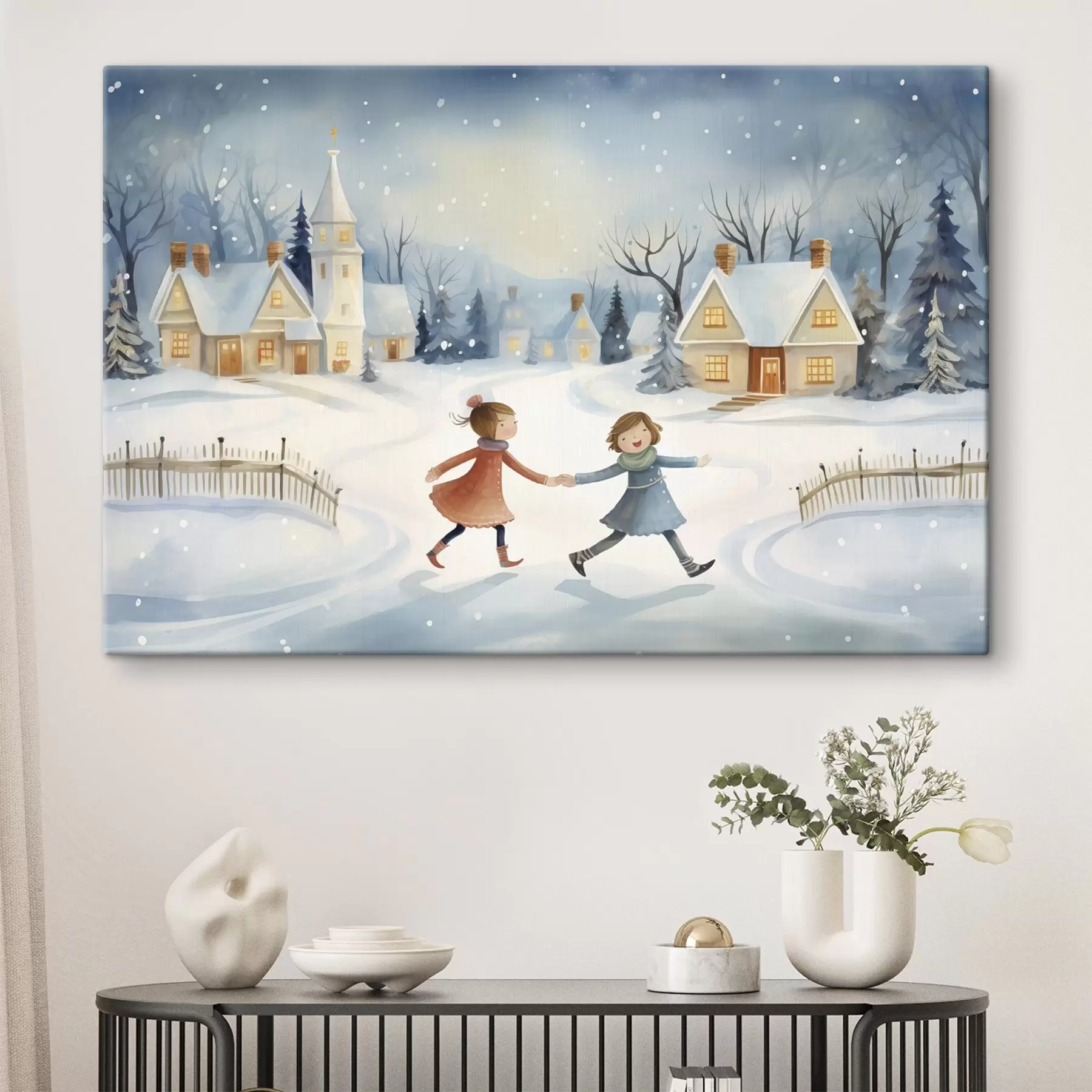  Peintures Filles dans le village d'hiver, flocons de neige, aquarelle, maisons, forêt s41385