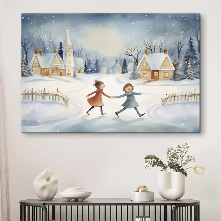  Peintures Filles dans le village d'hiver, flocons de neige, aquarelle, maisons, forêt s41385