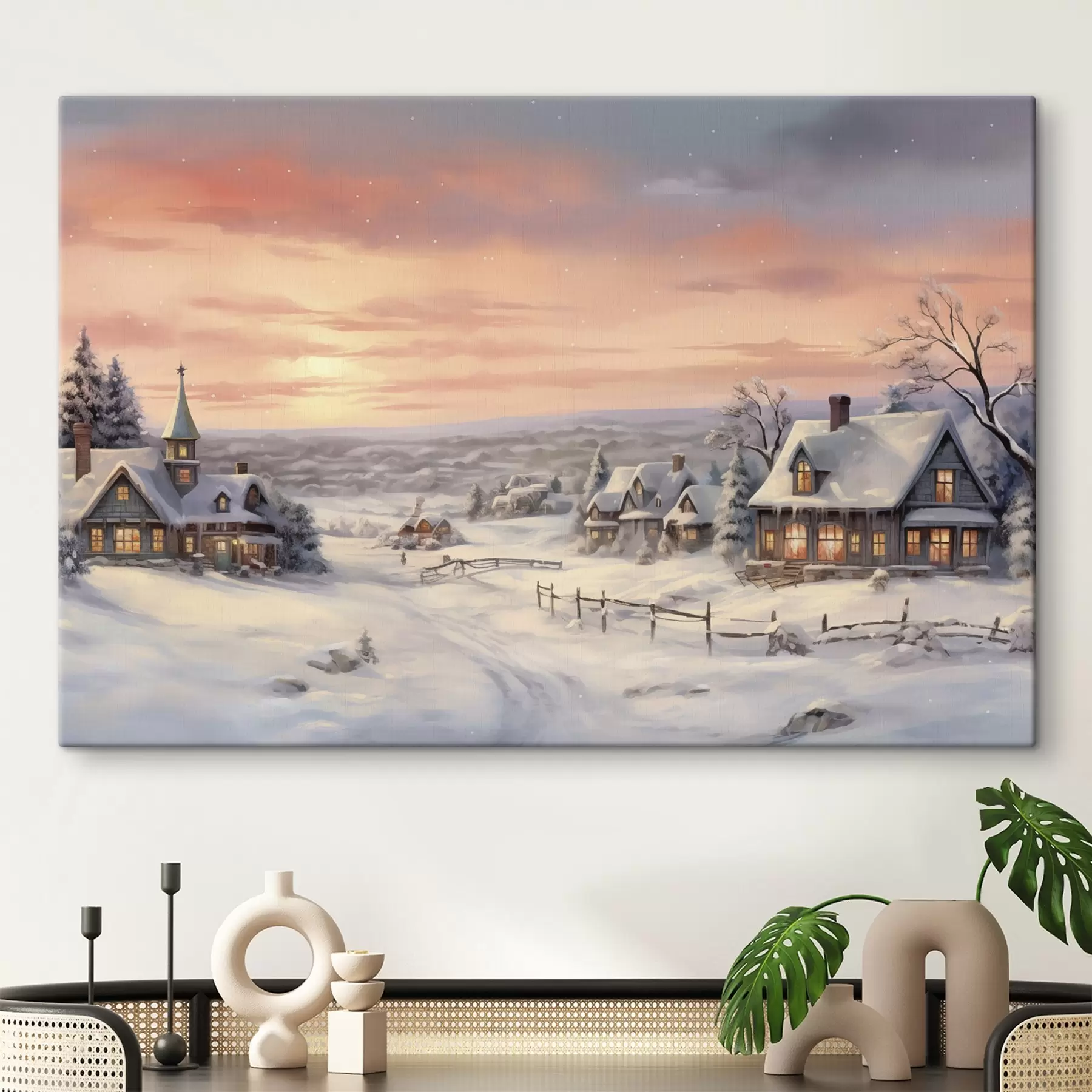  Peintures Coucher de soleil dans le village d'hiver, rustique, aquarelle, flocons de neige s41386