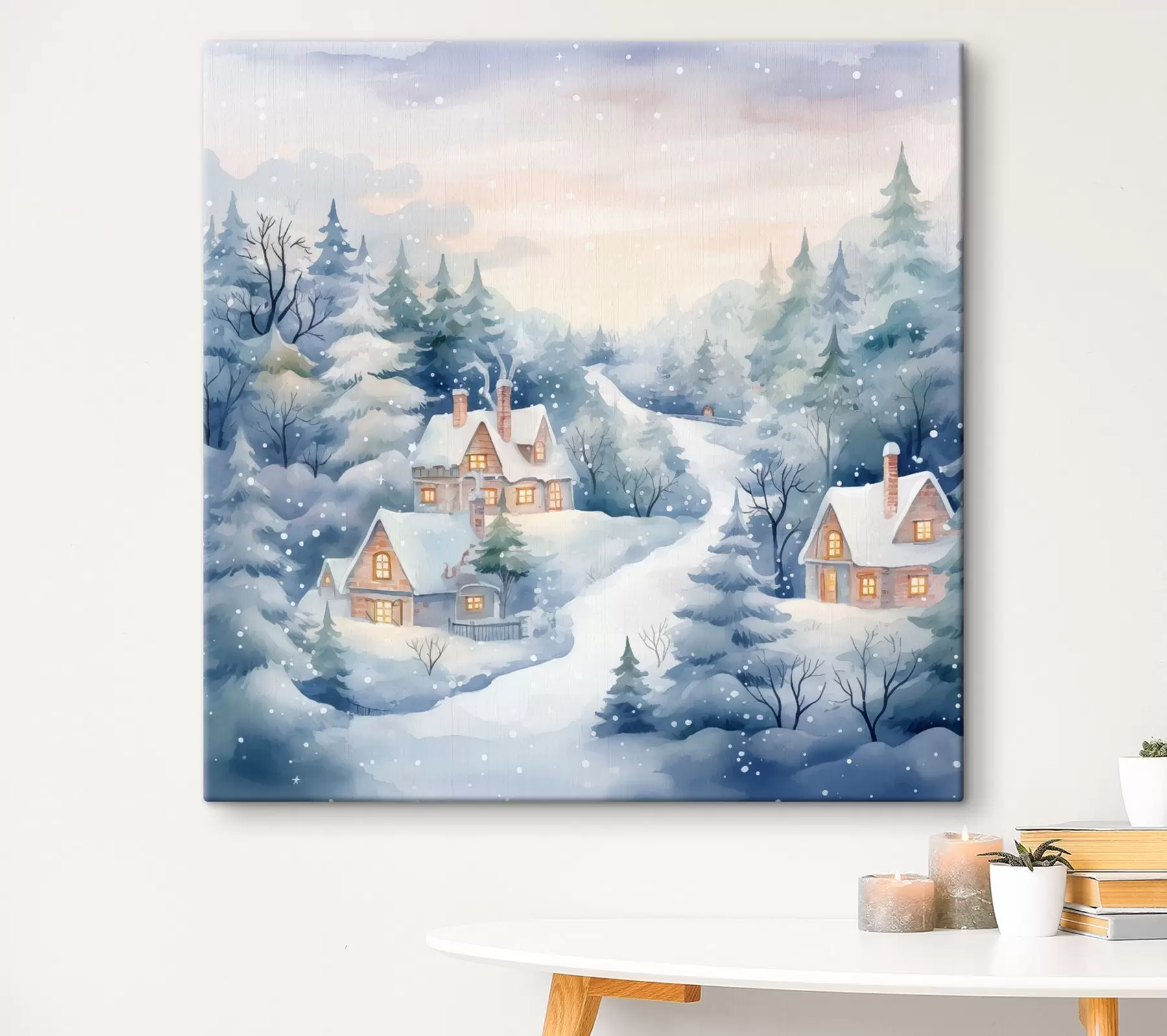  Peintures Aquarelle paysage d'hiver, forêt de pins, maisons s41387