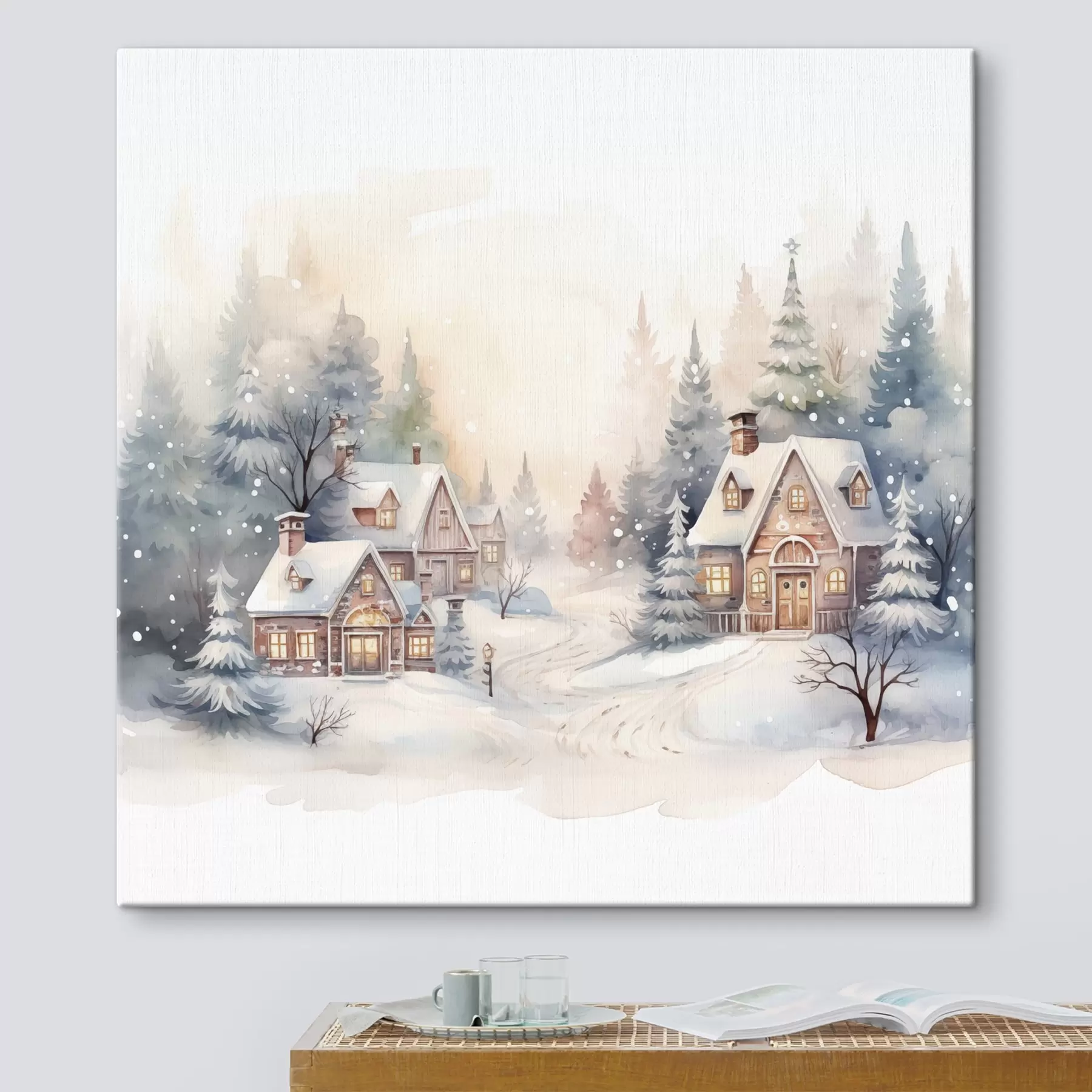 Fotobehang Winterlandschap, dennenbos, mooie huizen, aquarel, susnet s41390