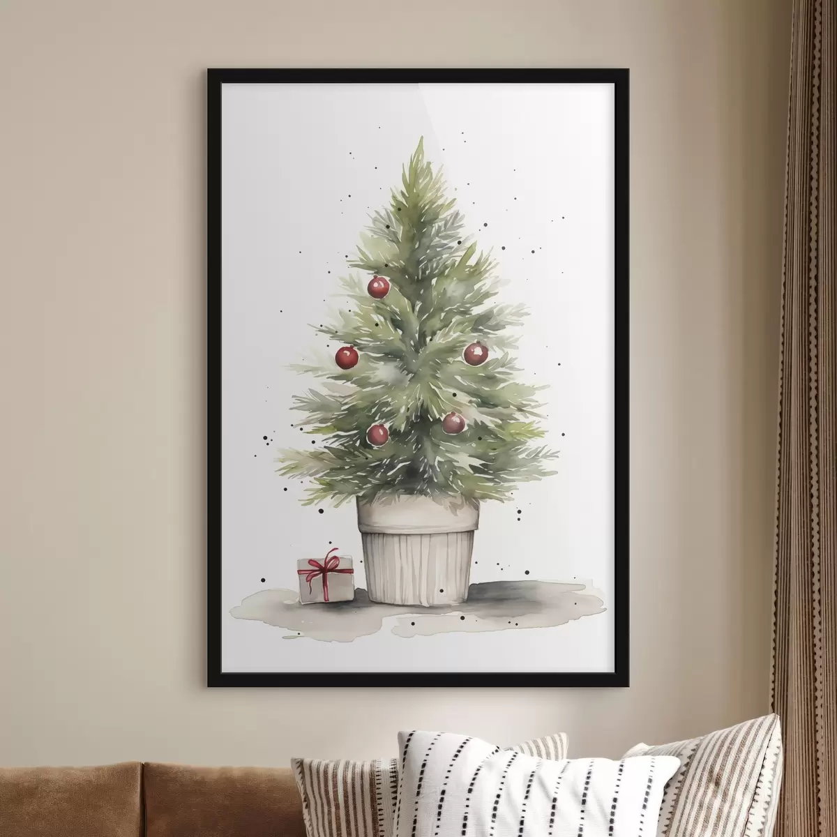Poster Aquarel kerstboom in de pot, dennenboom, cadeau f41361