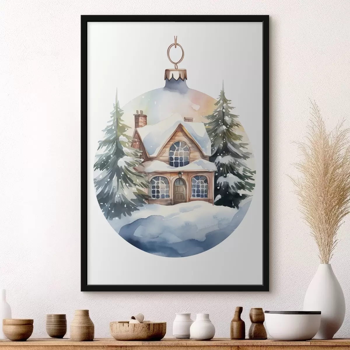 Poster Decoratieve kerstbal met aquarel huis in de sneeuw, dennenbomen f41363