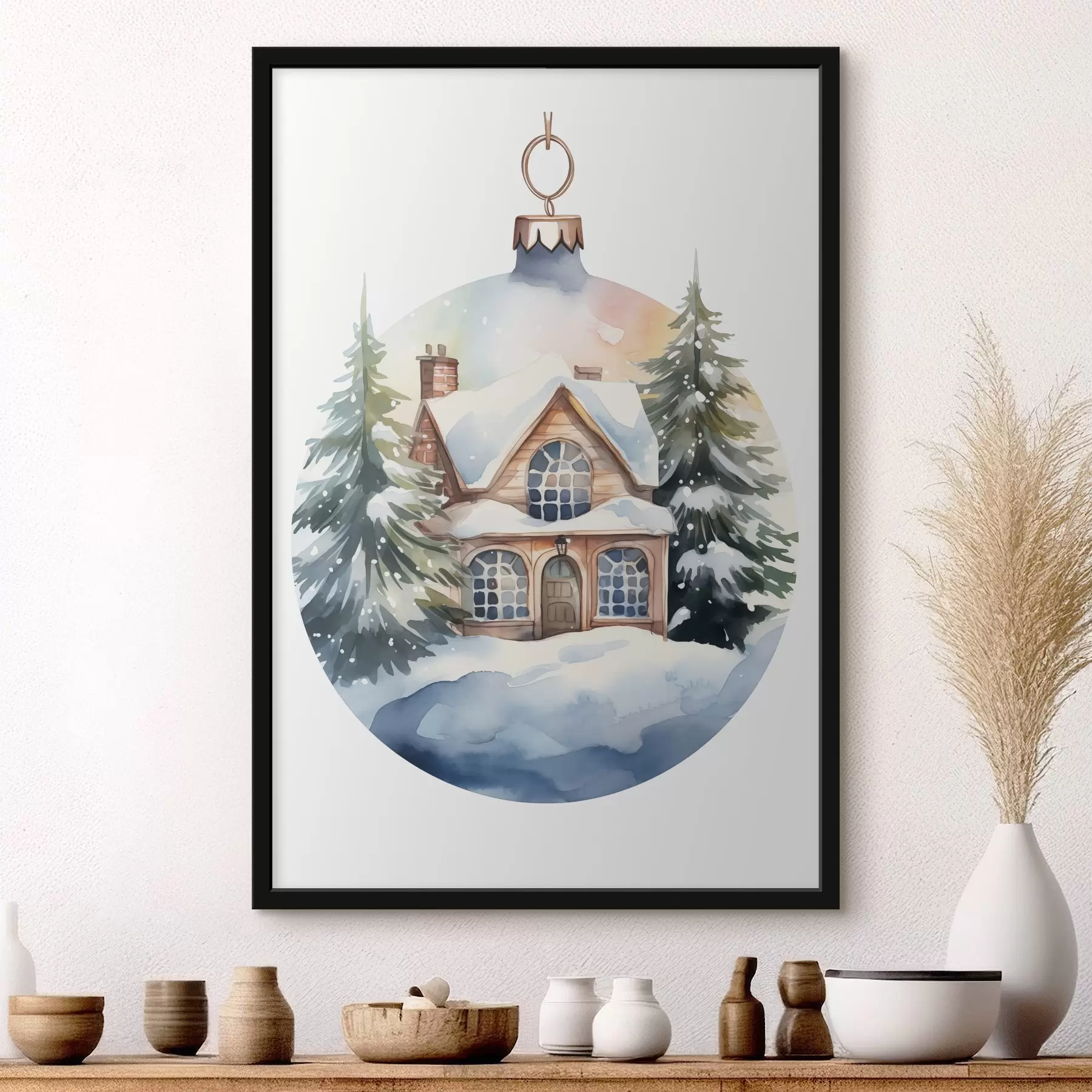 Papier peint photo Boule décorative de Noël avec maison aquarelle dans la neige, sapins f41363