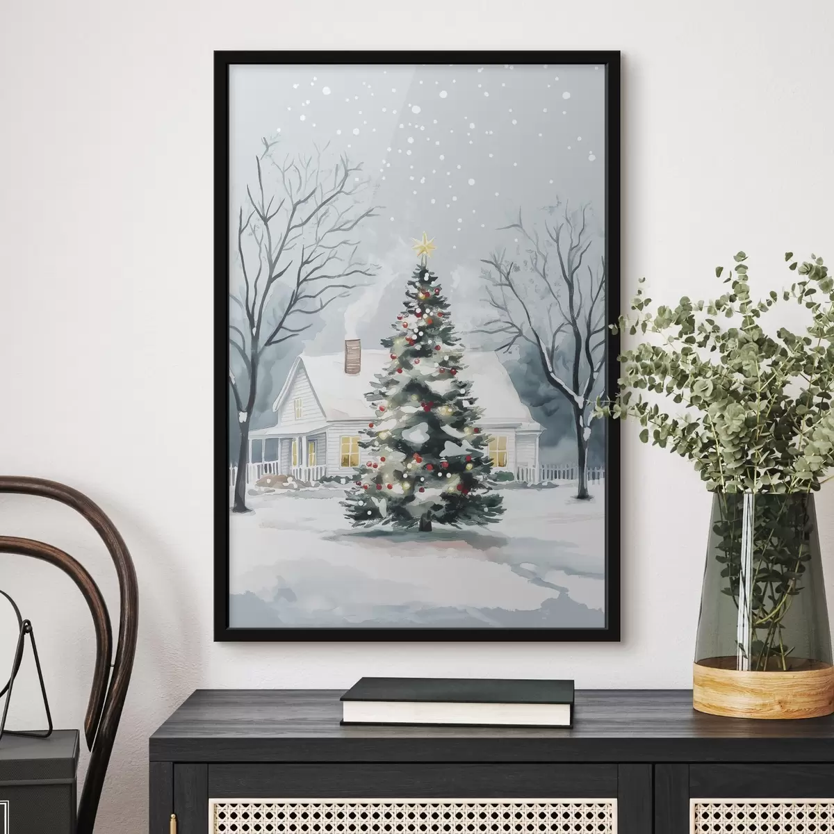 Affiche Ville d'hiver, sapin décoré, Noël, aquarelle f41364