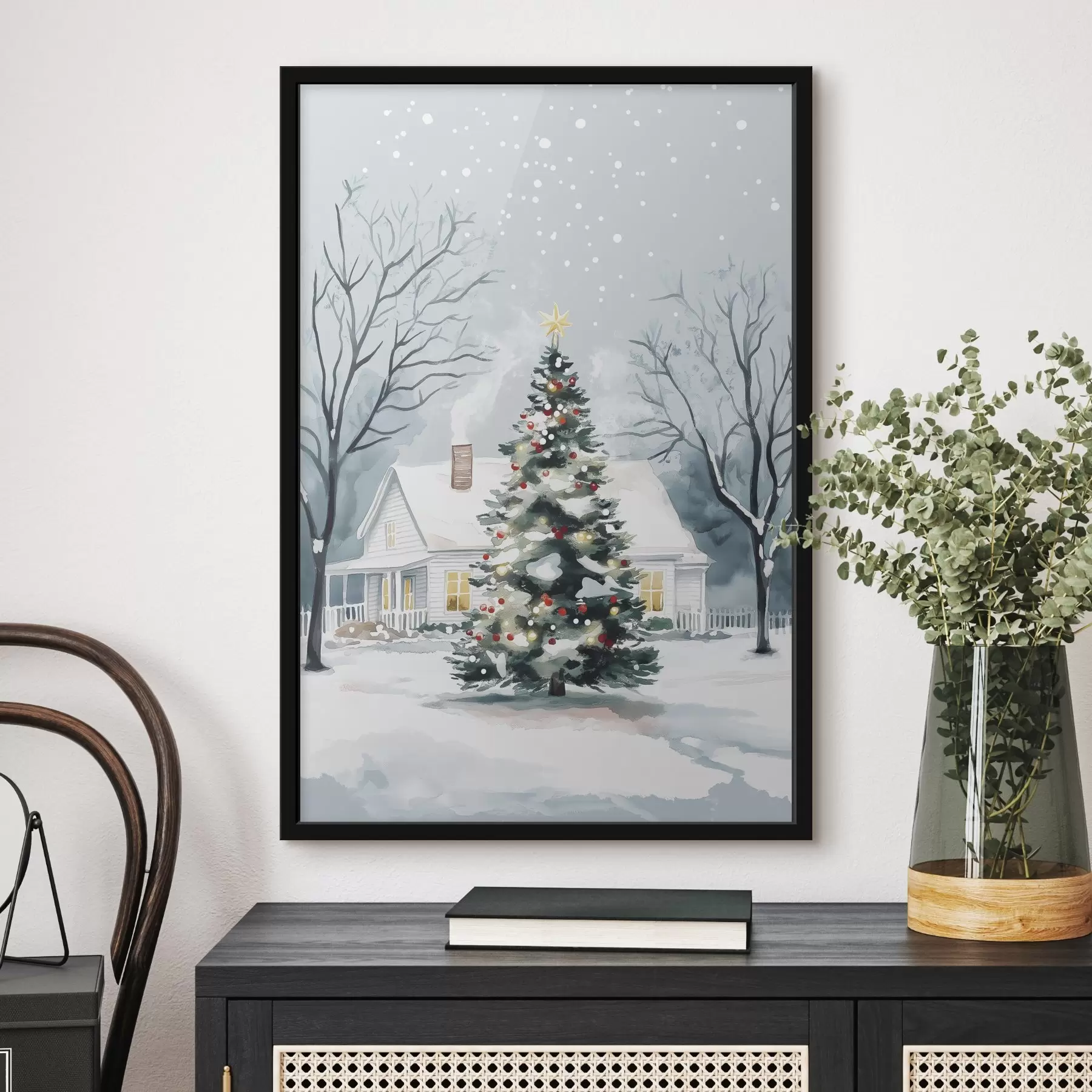 Fotobehang Winterstad, versierde dennenboom, kerstmis, aquarel f41364