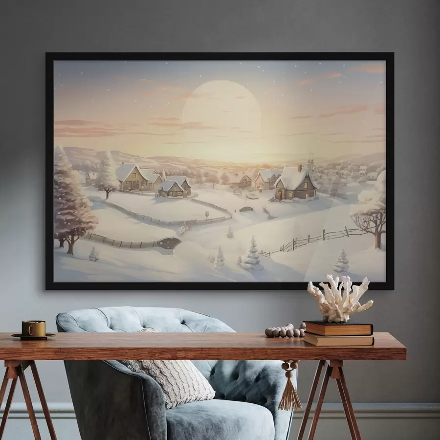 Papier peint photo Village d'hiver au coucher du soleil, maisons couvertes de neige, pins f41380