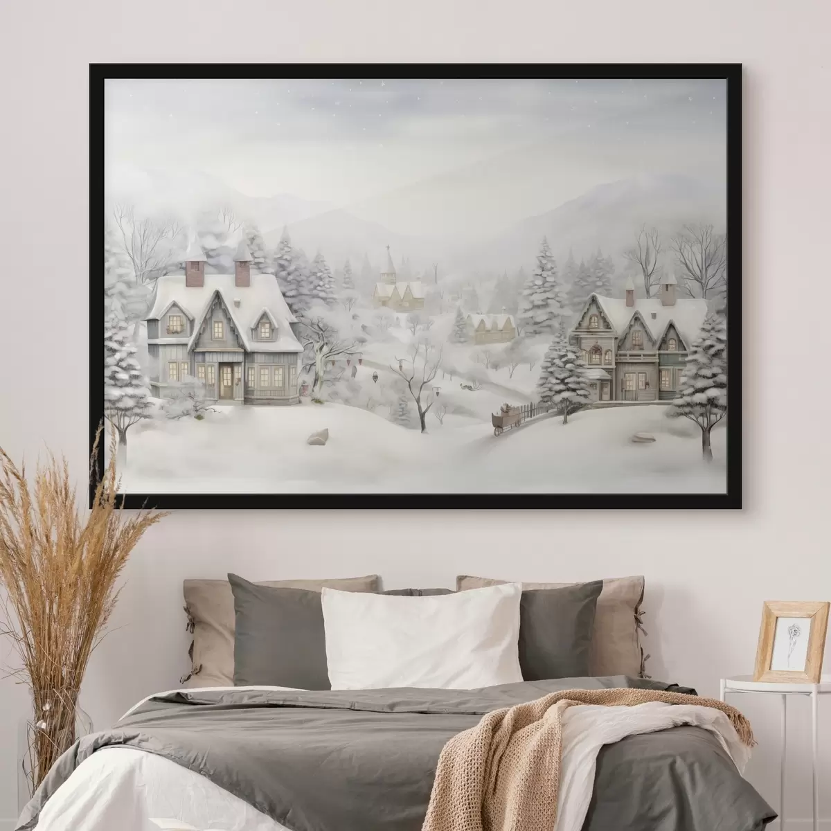 Poster Prachtig winterlandschap met dorp, pijnbomen, huizen, bergen f41384