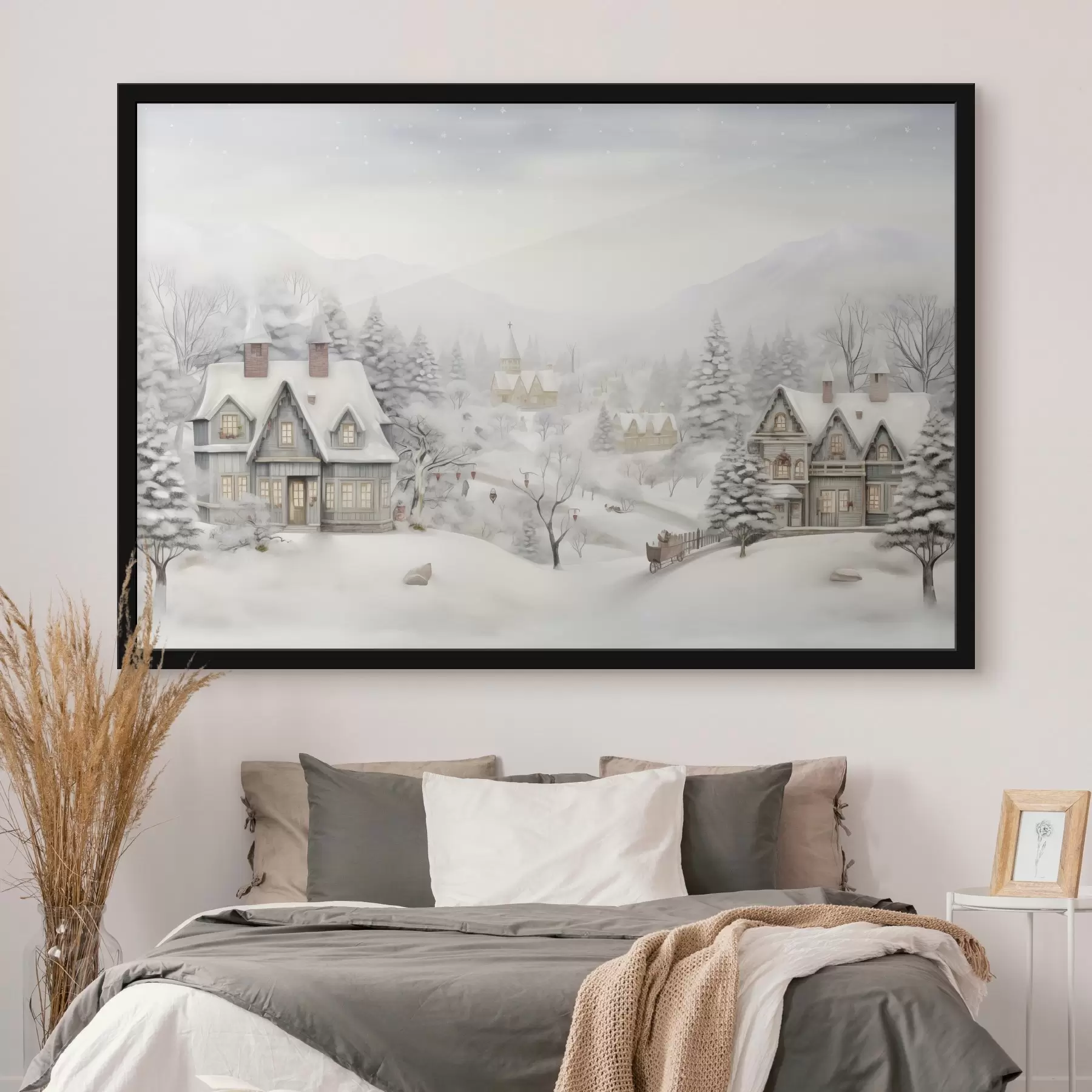 Papier peint photo Magnifique paysage hivernal avec village, pins, maisons, montagnes f41384