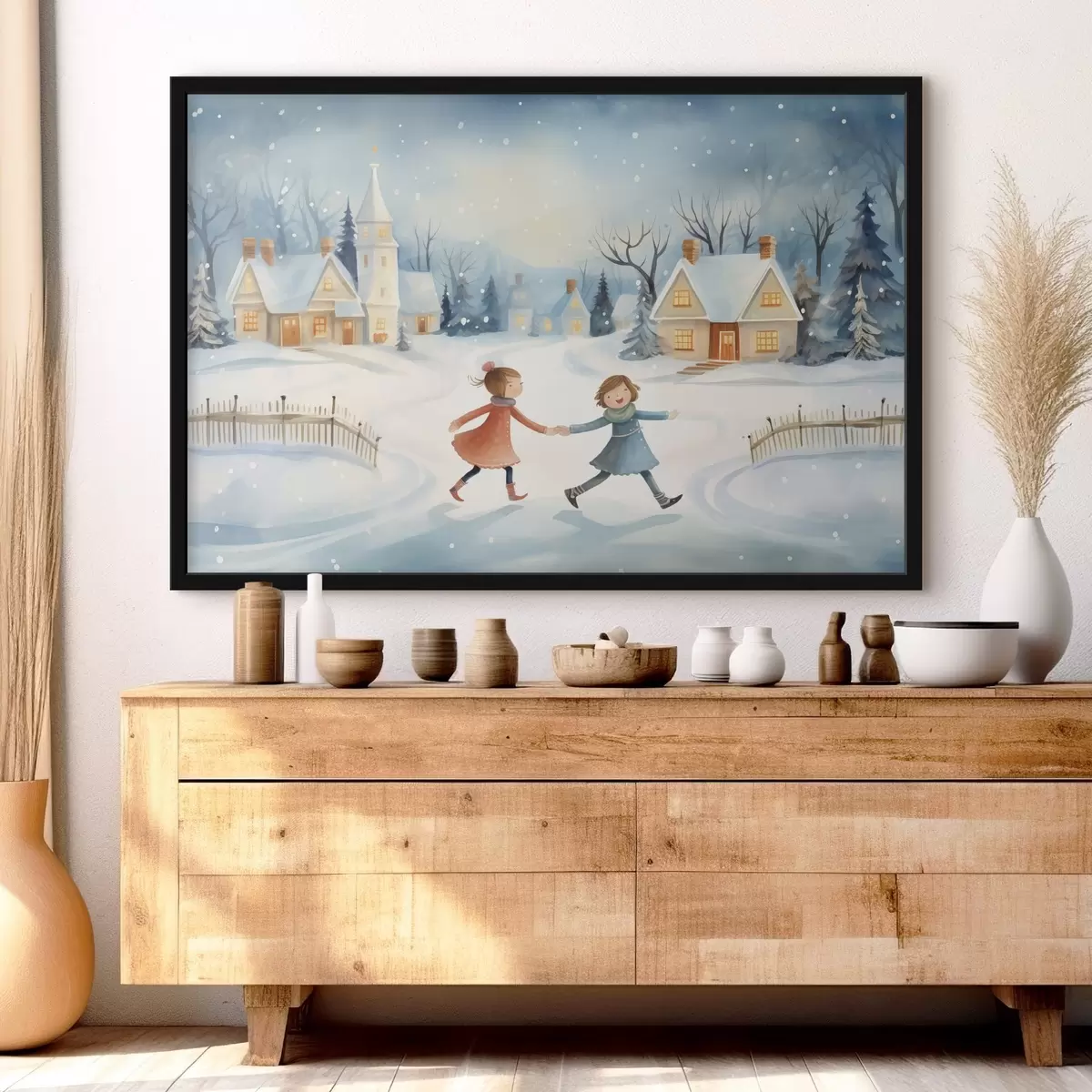 Poster Meisjes in het winterdorp, sneeuwvlokken, aquarel, huizen, bos f41385