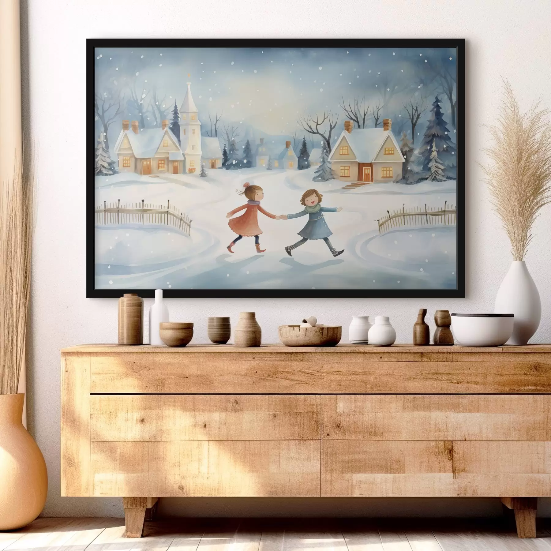 Fotobehang Meisjes in het winterdorp, sneeuwvlokken, aquarel, huizen, bos f41385