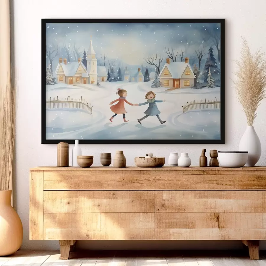 Papier peint photo Filles dans le village d'hiver, flocons de neige, aquarelle, maisons, forêt f41385