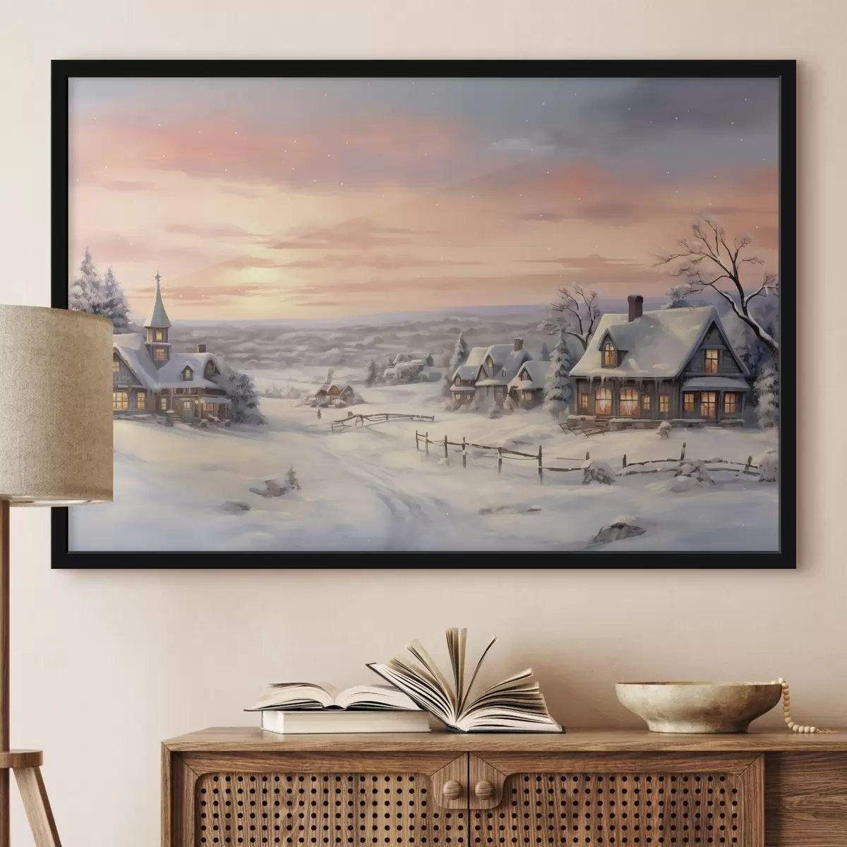 Affiche Coucher de soleil dans le village d'hiver, rustique, aquarelle, flocons de neige f41386