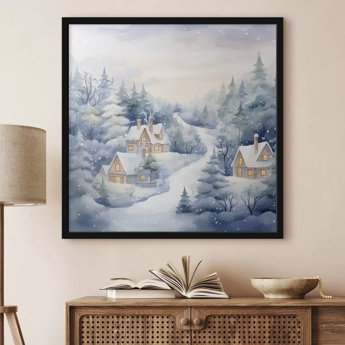 Poster Aquarel winterlandschap, dennenbos, huizen f41387