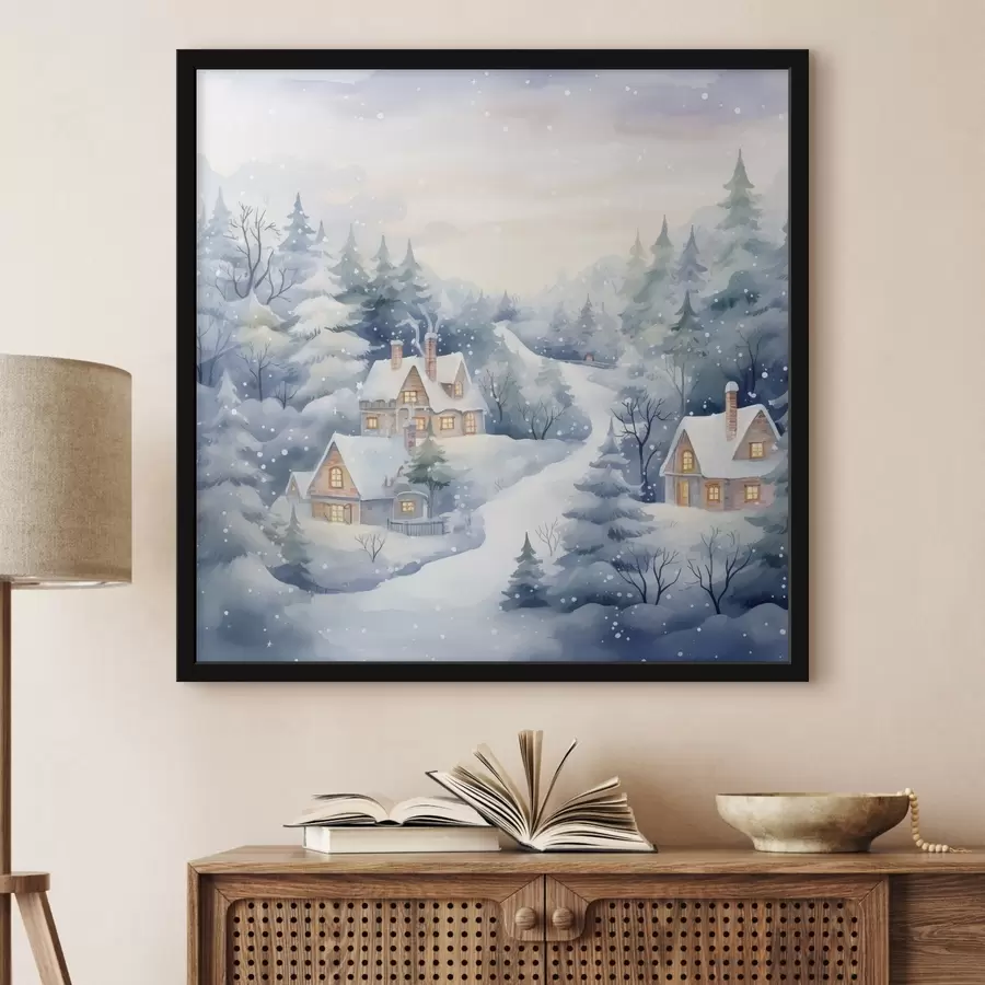 Papier peint photo Aquarelle paysage d'hiver, forêt de pins, maisons f41387