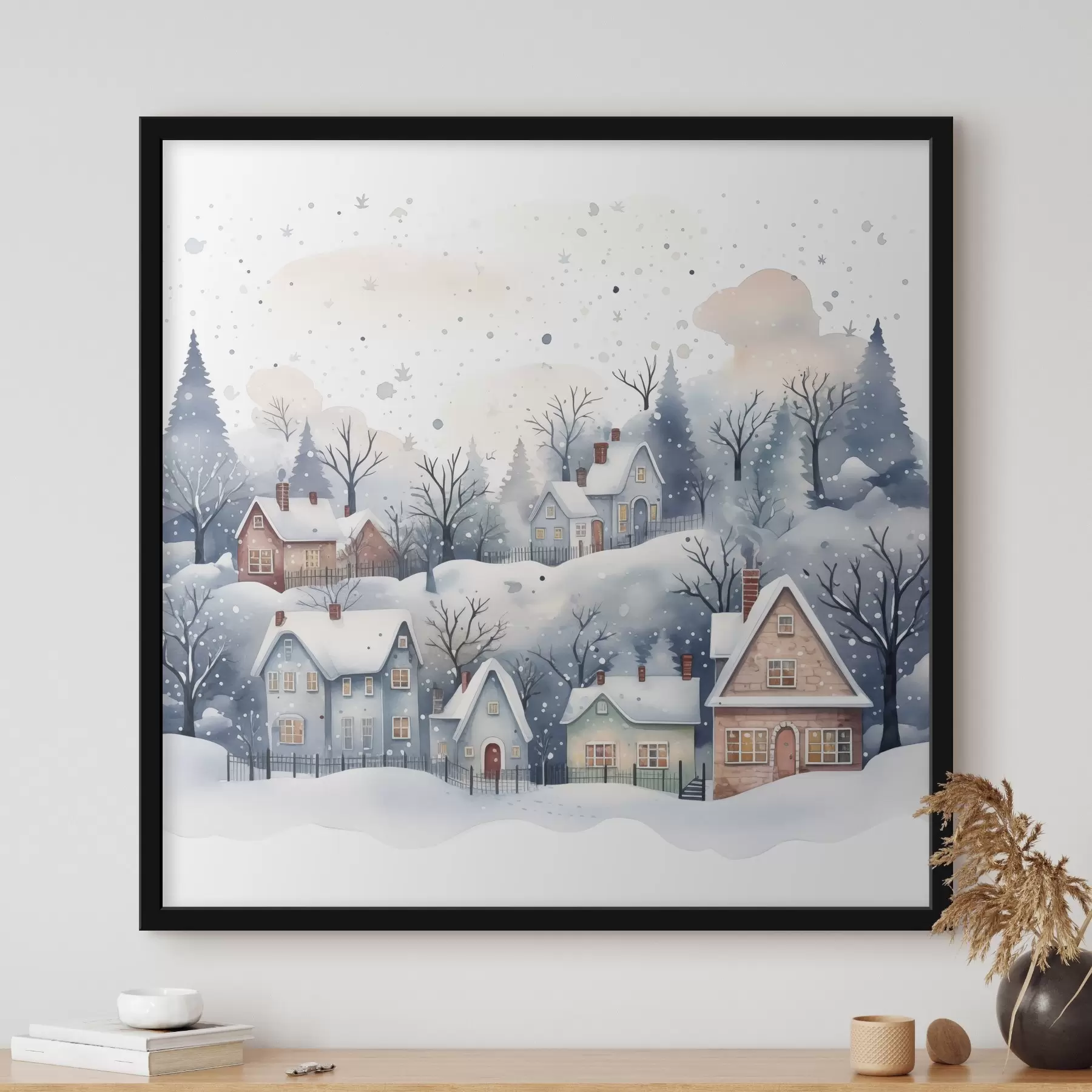 Fotobehang Aquarel winterlandschap met huizen en dennenbos f41389