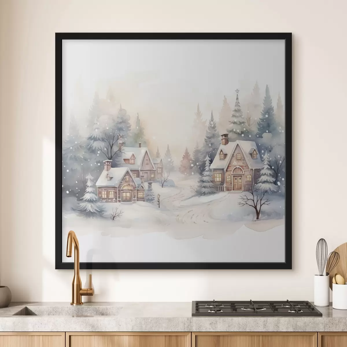 Affiche Paysage d'hiver, forêt de pins, belles maisons, aquarelle, susnet f41390