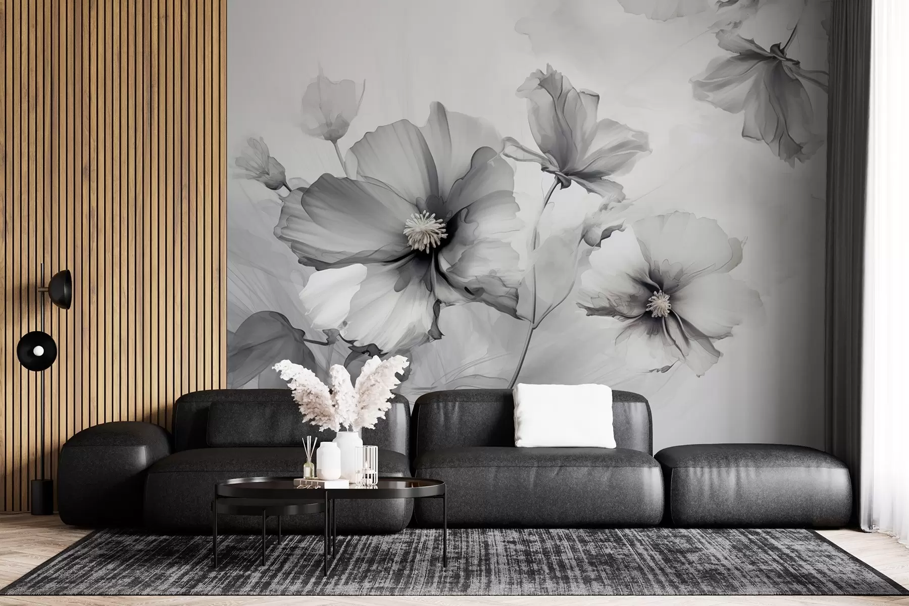 Papier peint photo Fleurs grises translucides aériennes se dissolvant dans la lumière du matin w01938