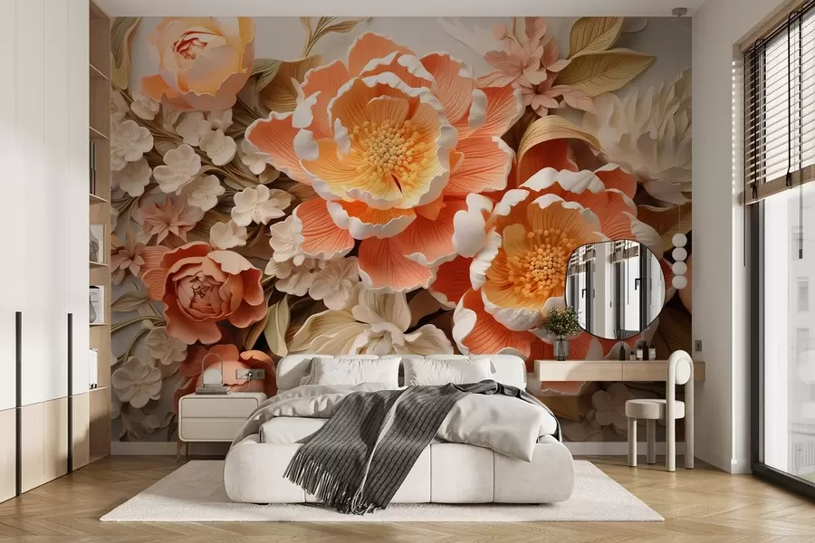 Fotobehang Een 3D-bloemenarrangement in perziktinten met pioenrozen en rococostijl rozen w01939