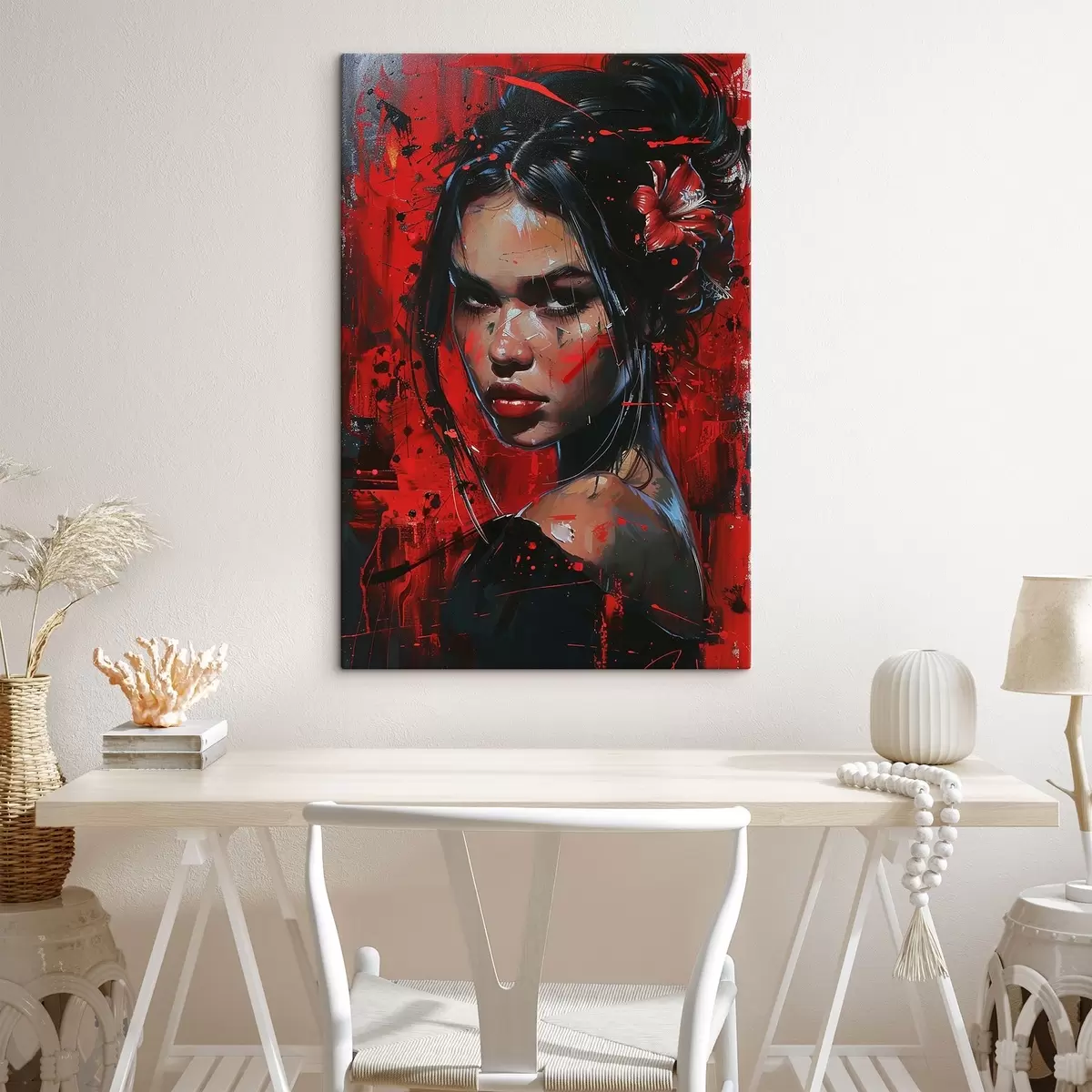  Peintures Fille avec des peintures sur fond rouge s41413
