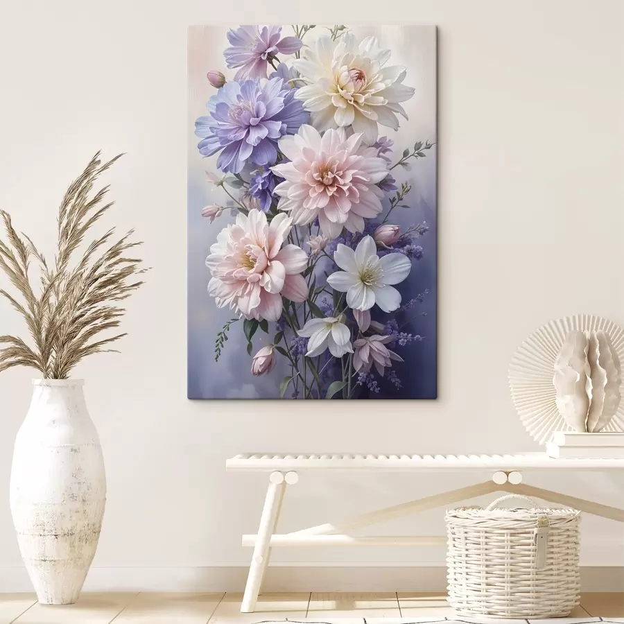  Peintures Un bouquet de grandes fleurs de dahlia vibrantes dans des tons de rose, de lavande et de blanc sur un arrière-plan doux et flou s41247